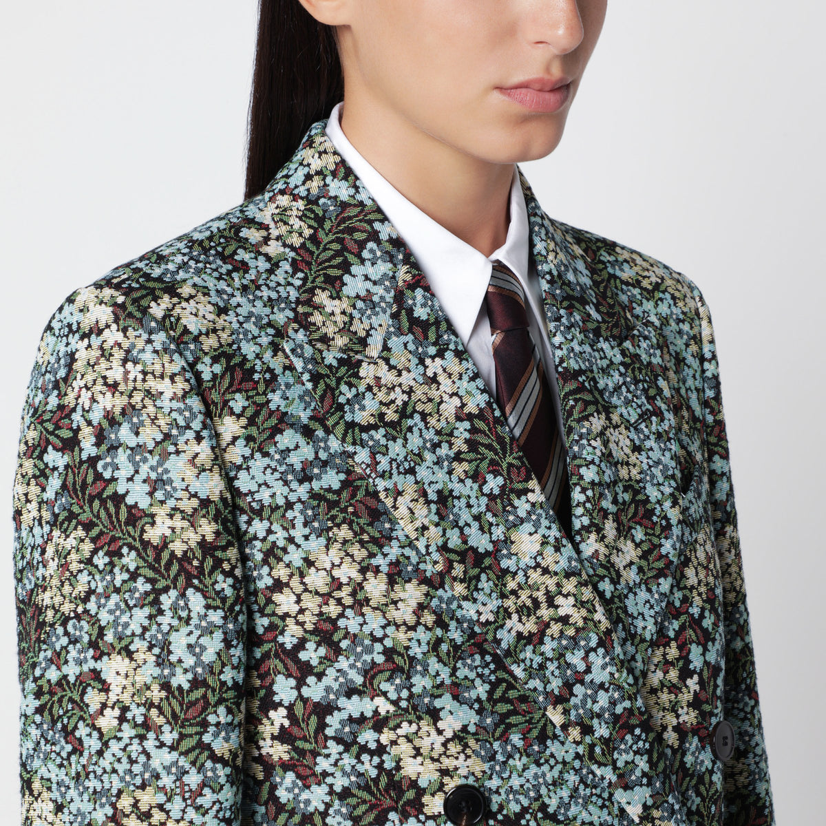 Double-breasted coat with floral jacquard pattern