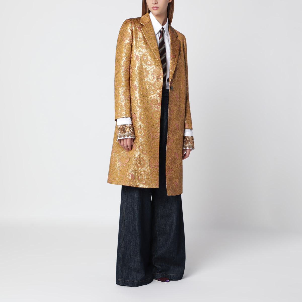 Einreihiger Mantel mit goldenem Jacquardmuster