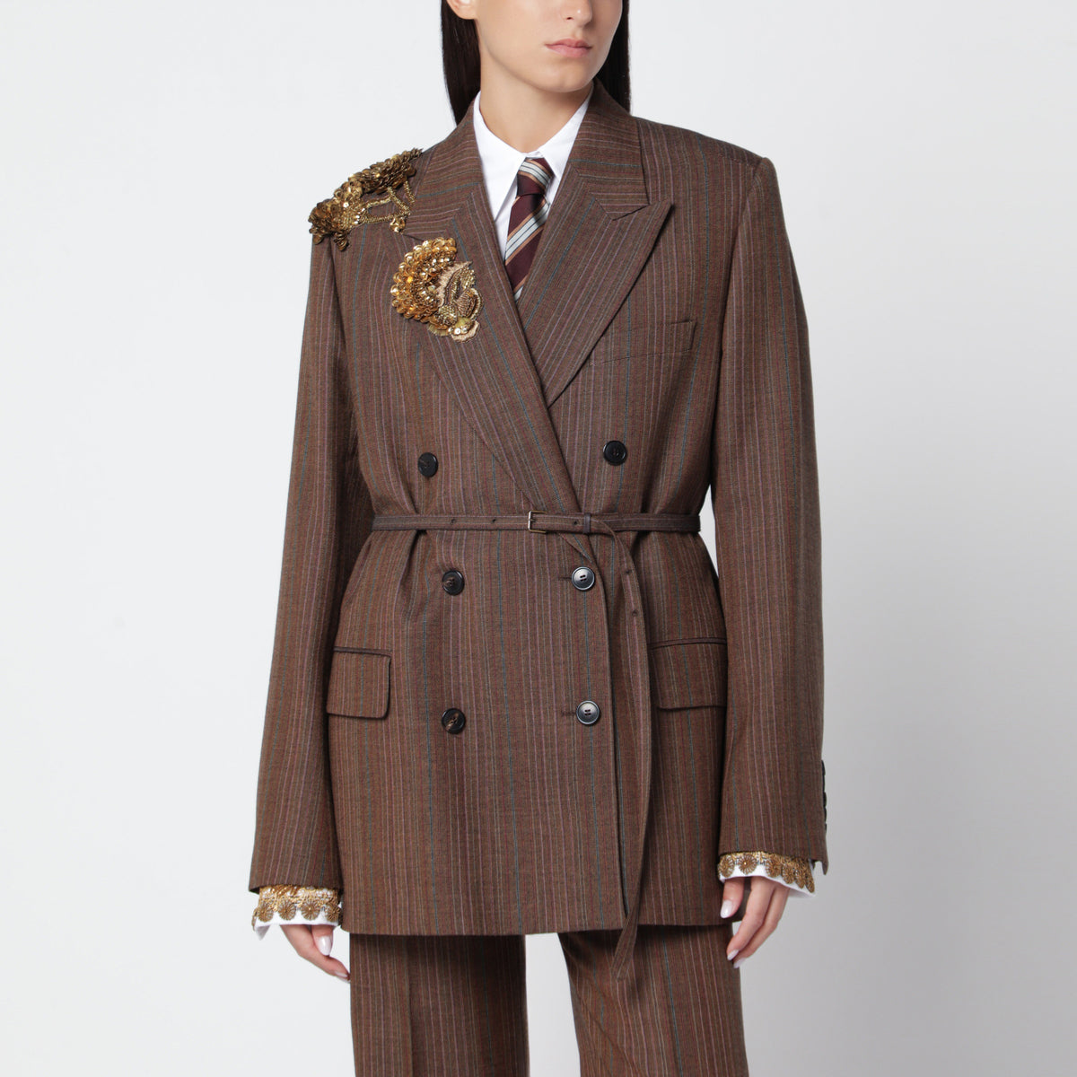 Brown pinstripe jacket with sequin embroidery