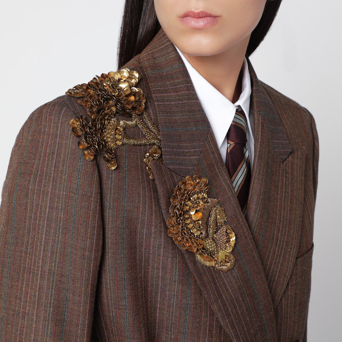 Brown pinstripe jacket with sequin embroidery