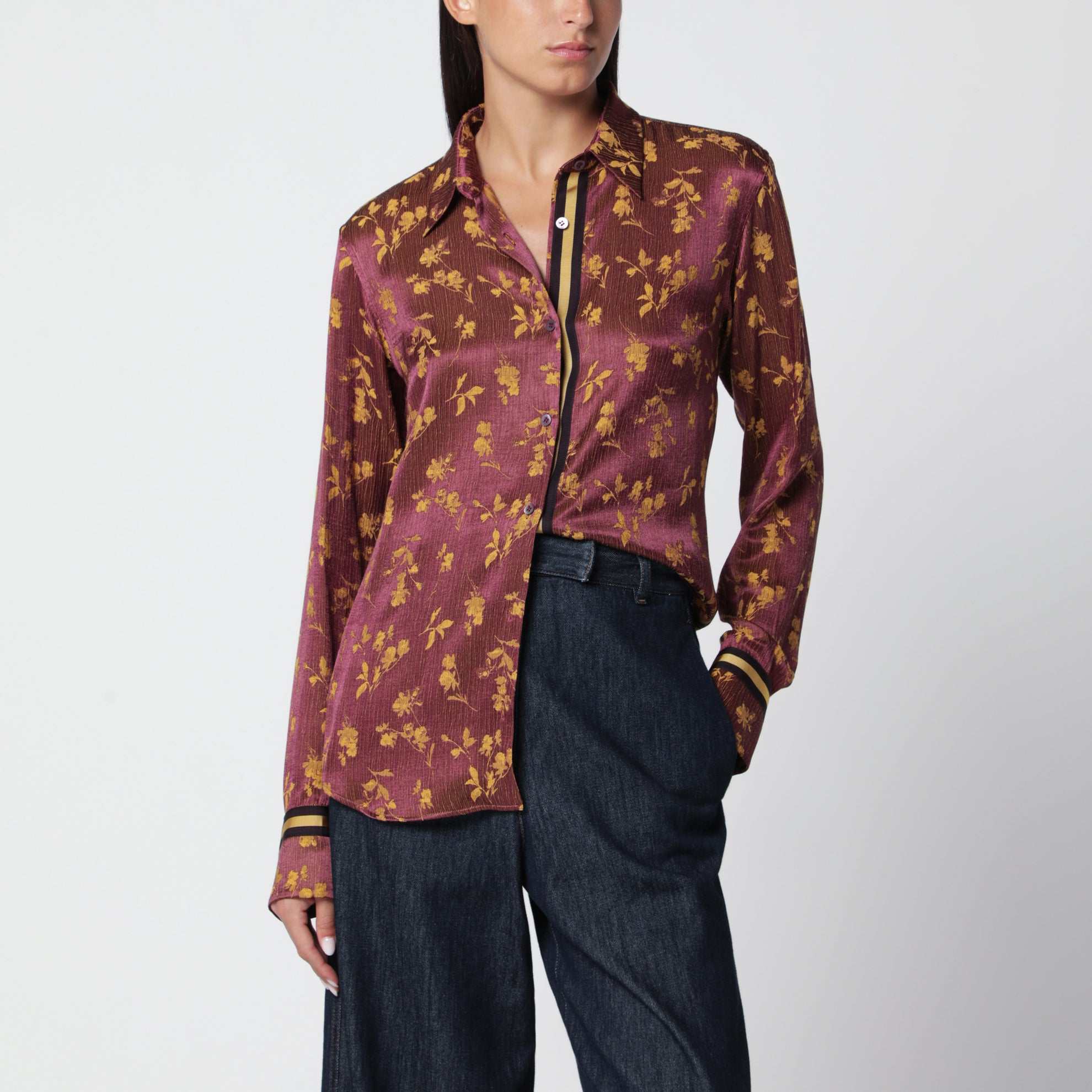 Camicia jacquard floreale viola in misto viscosa