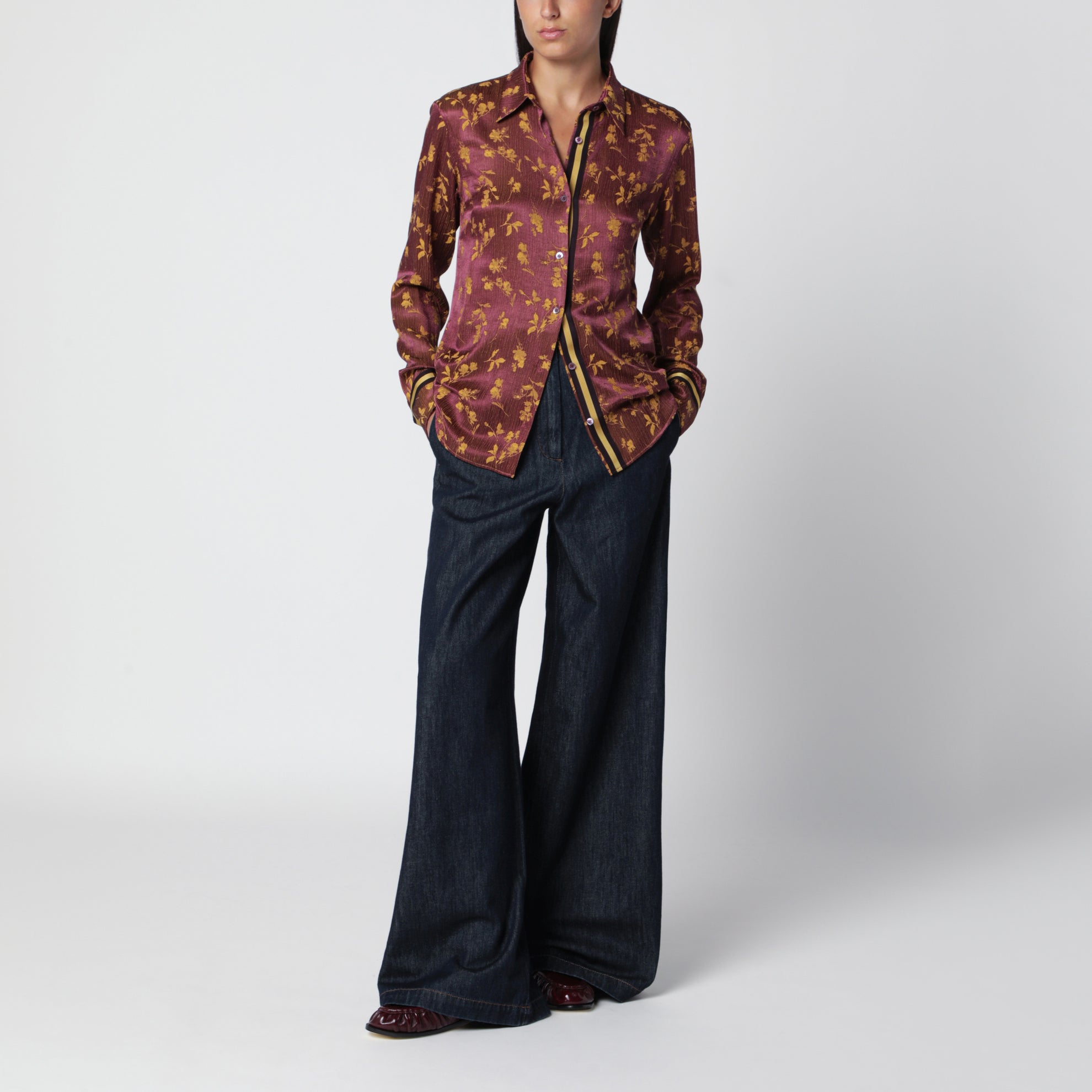 Camicia jacquard floreale viola in misto viscosa