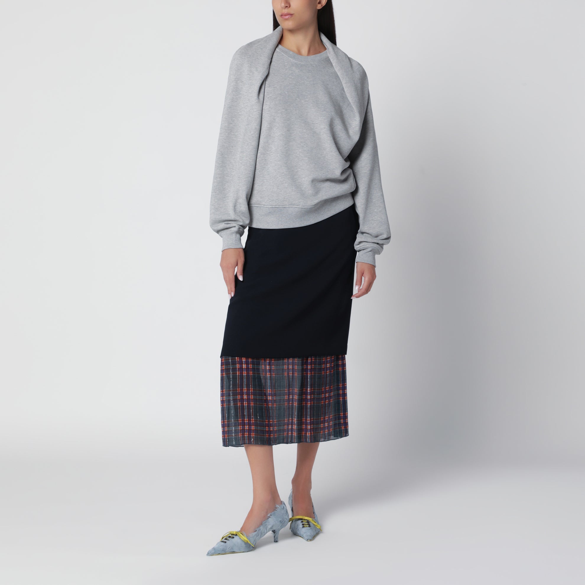 Marineblauer Midirock mit Karoeinsatz