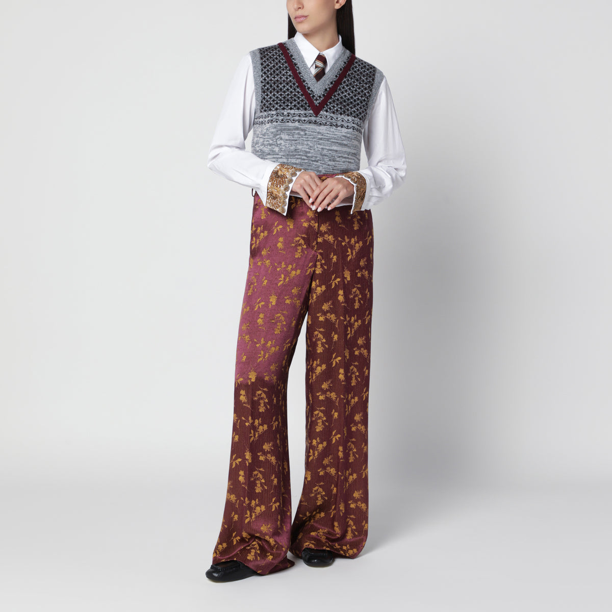 Purple jacquard wide-leg trousers