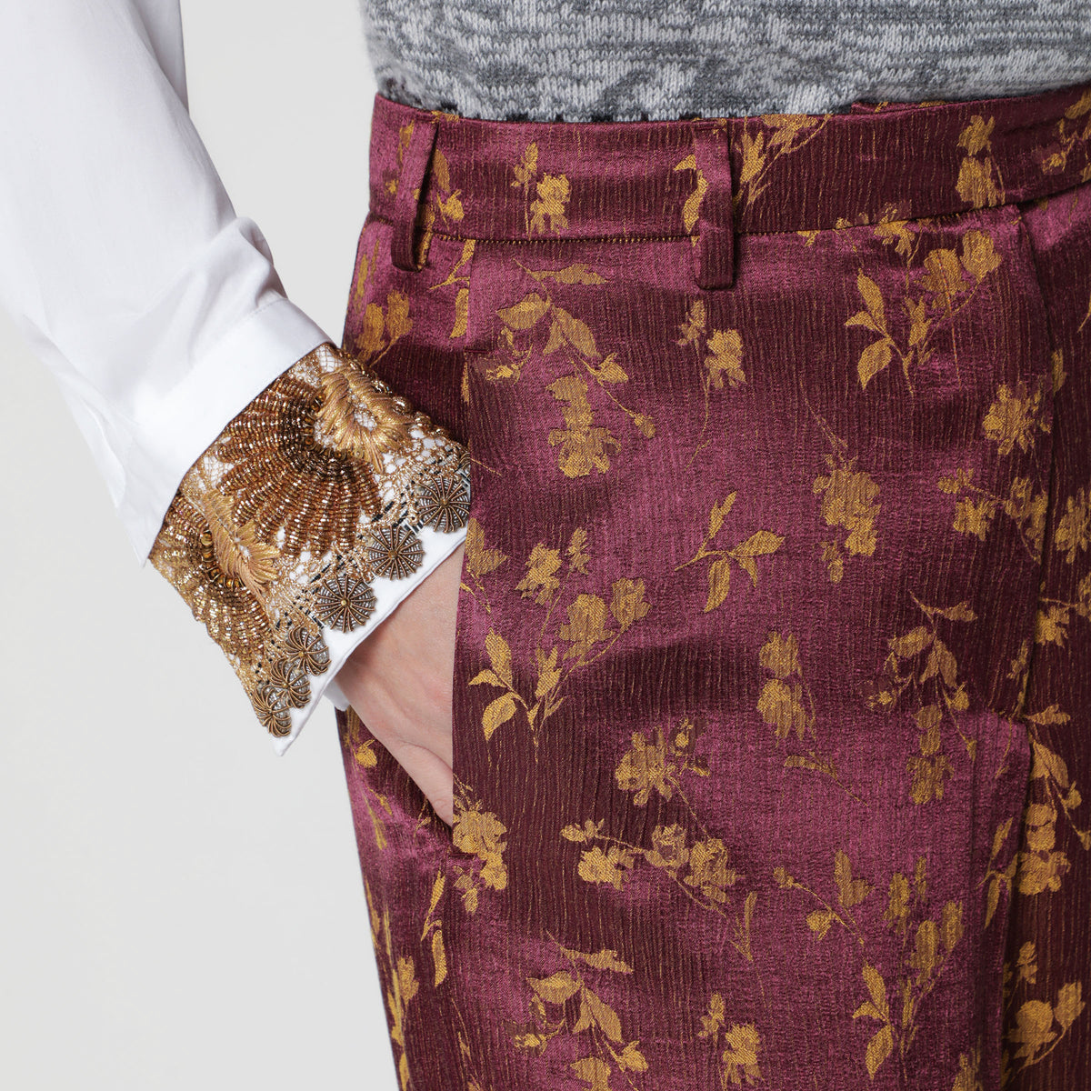 Purple jacquard wide-leg trousers
