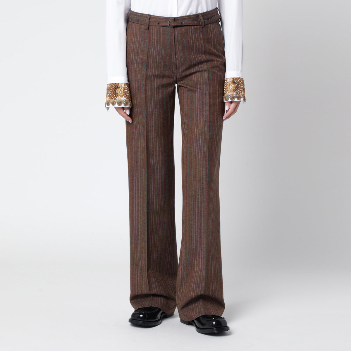 Brown pinstripe trousers