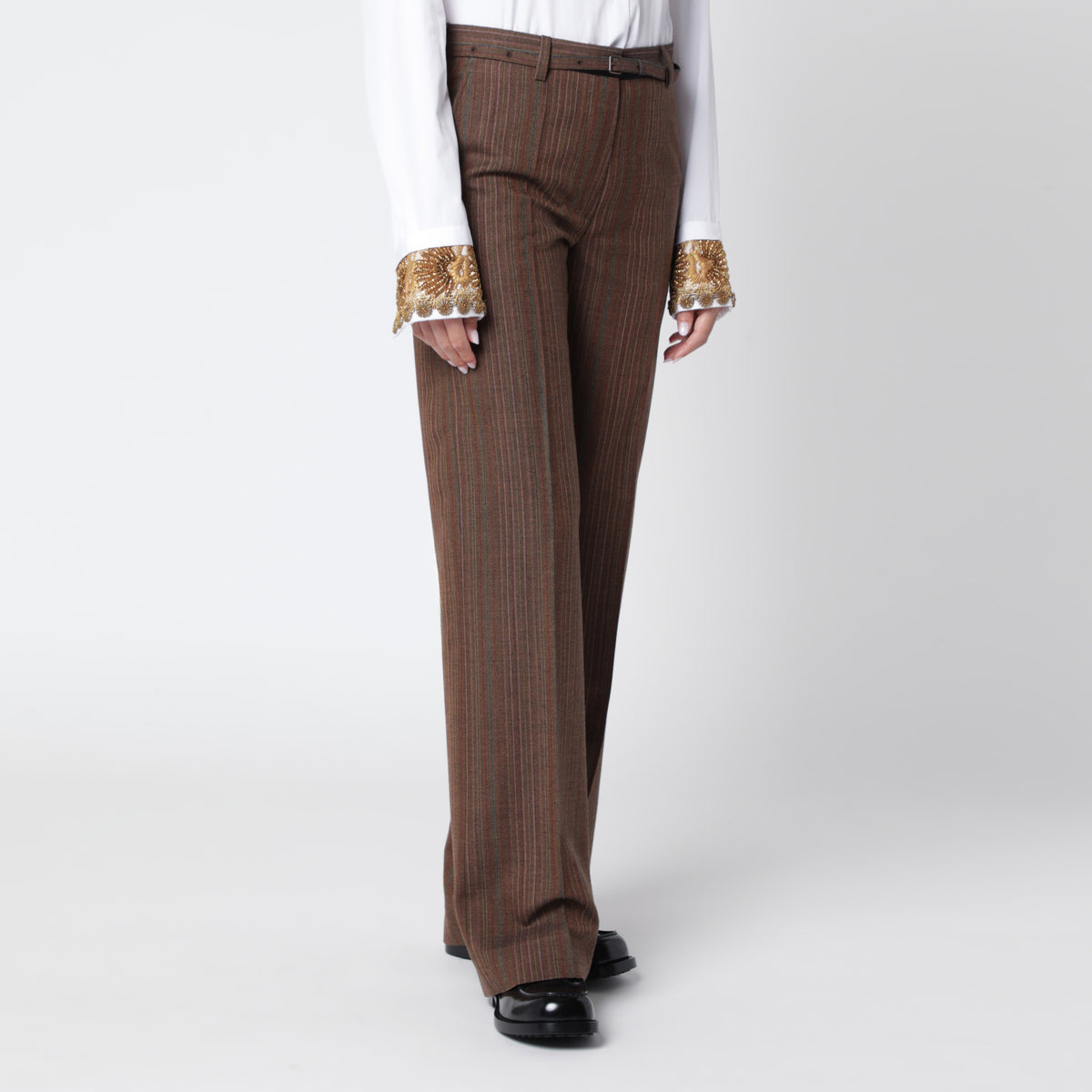 Brown pinstripe trousers