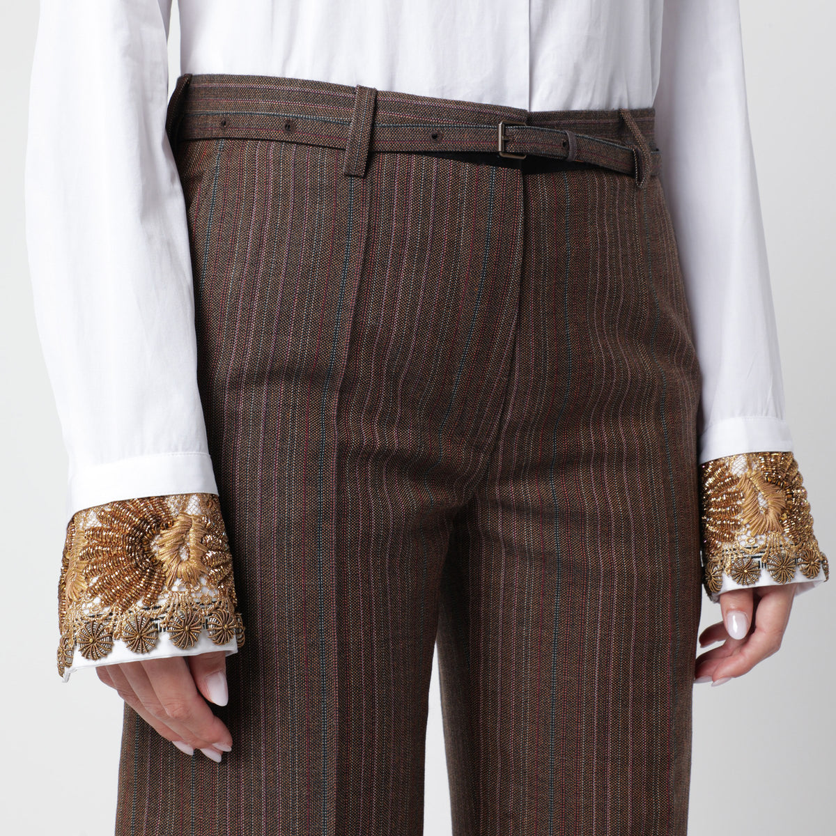 Brown pinstripe trousers