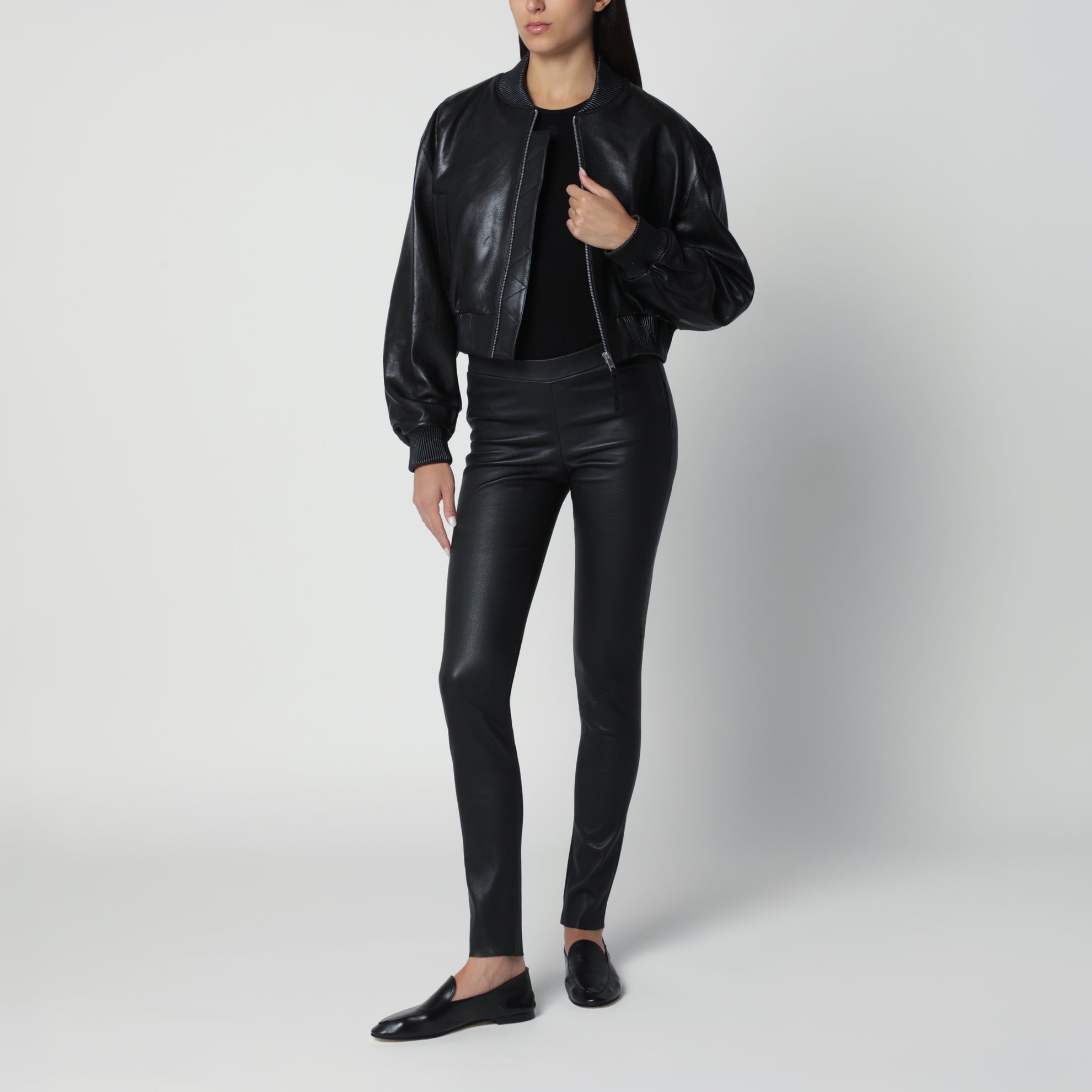 Black Hannah cropped leather bomber jacket
