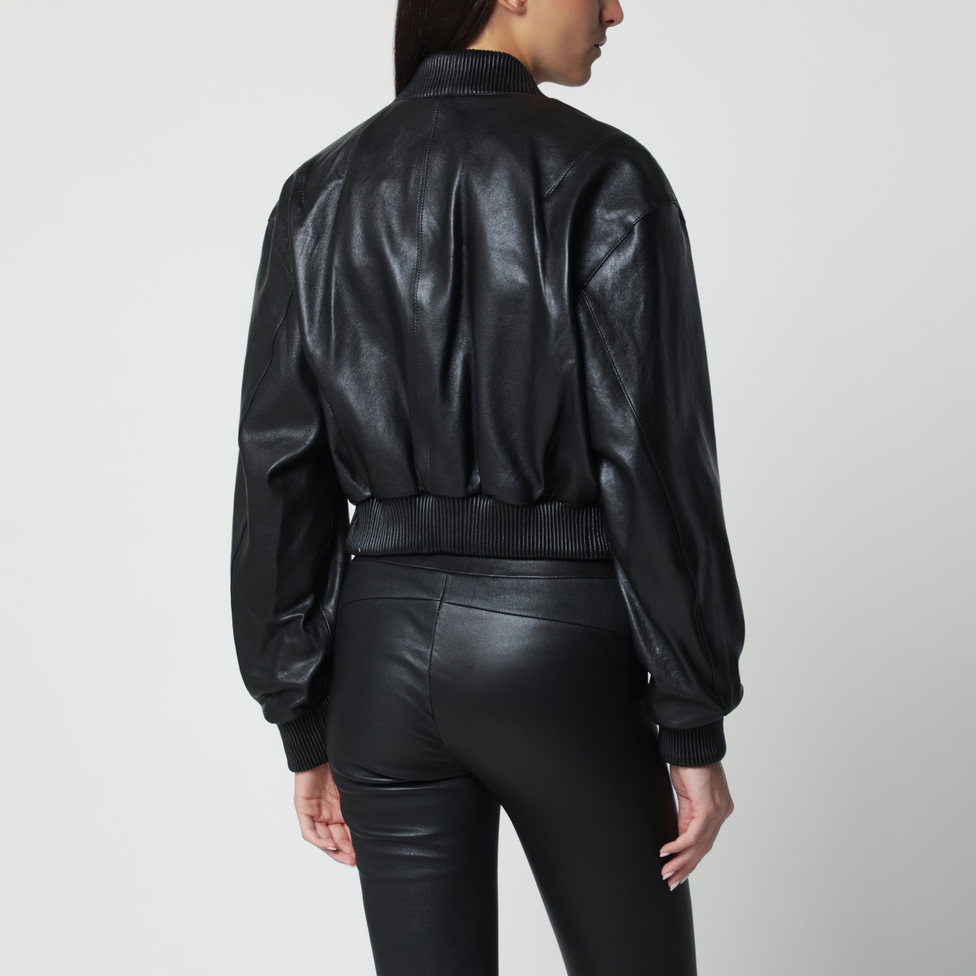 Black Hannah cropped leather bomber jacket