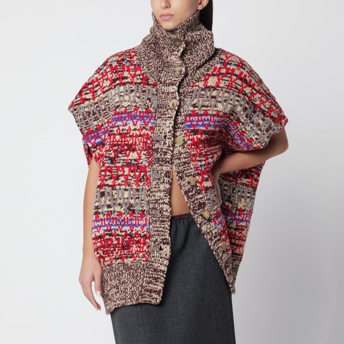 Jacquard sleeveless cardigan in wool and cashmere