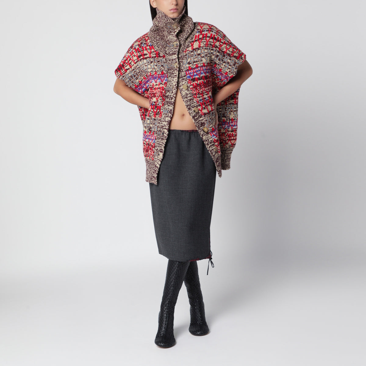 Jacquard sleeveless cardigan in wool and cashmere