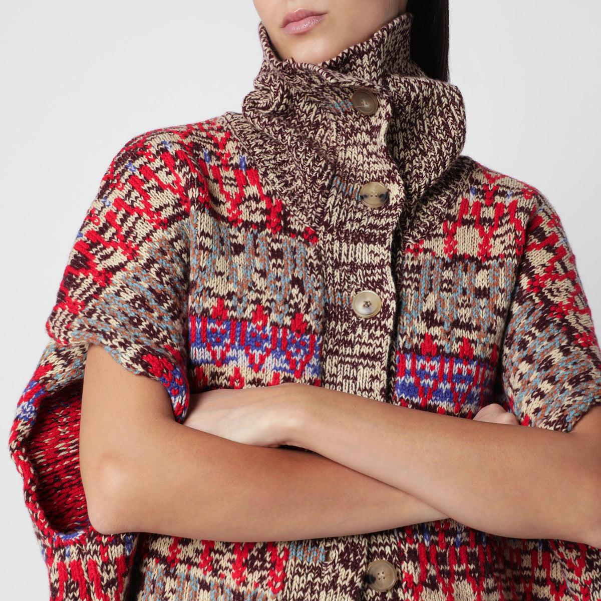 Jacquard sleeveless cardigan in wool and cashmere