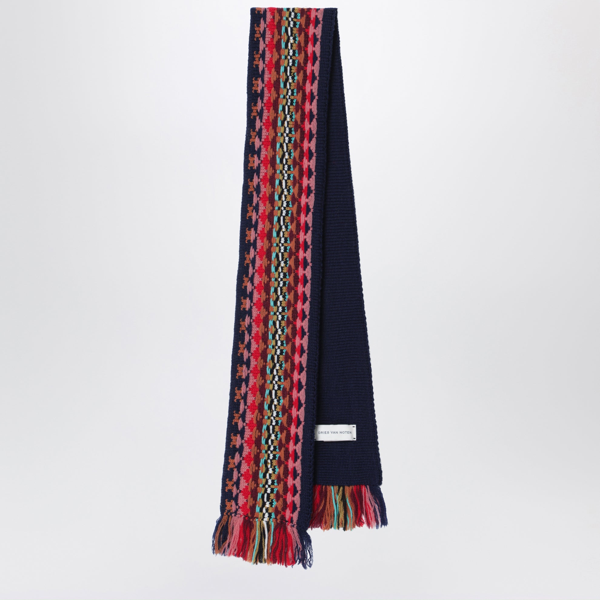 Navyblauer Wollschal mit mehrfarbigem Jacquardmuster