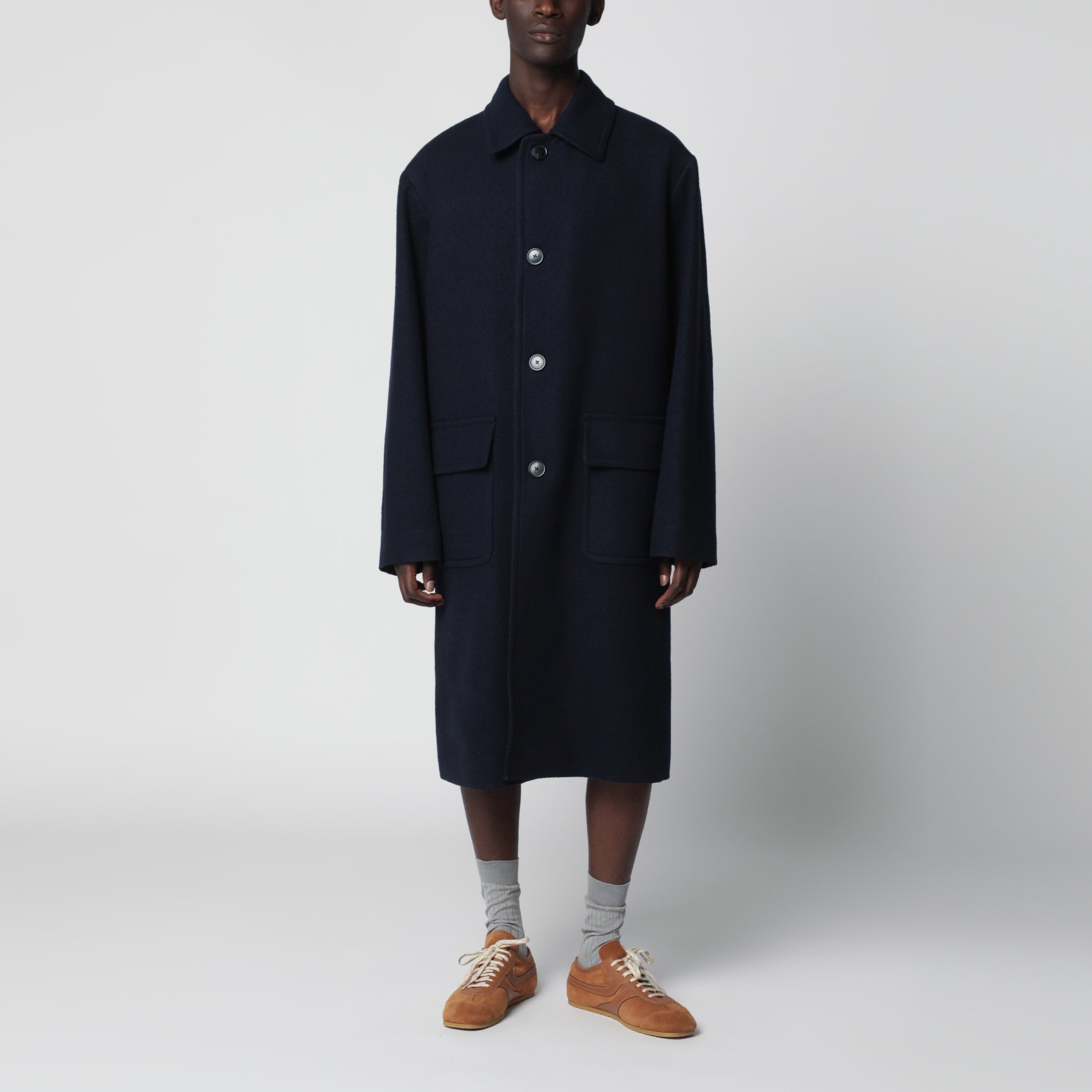 Dries Van Noten Navy blue single-breasted wool coat | TheDoubleF