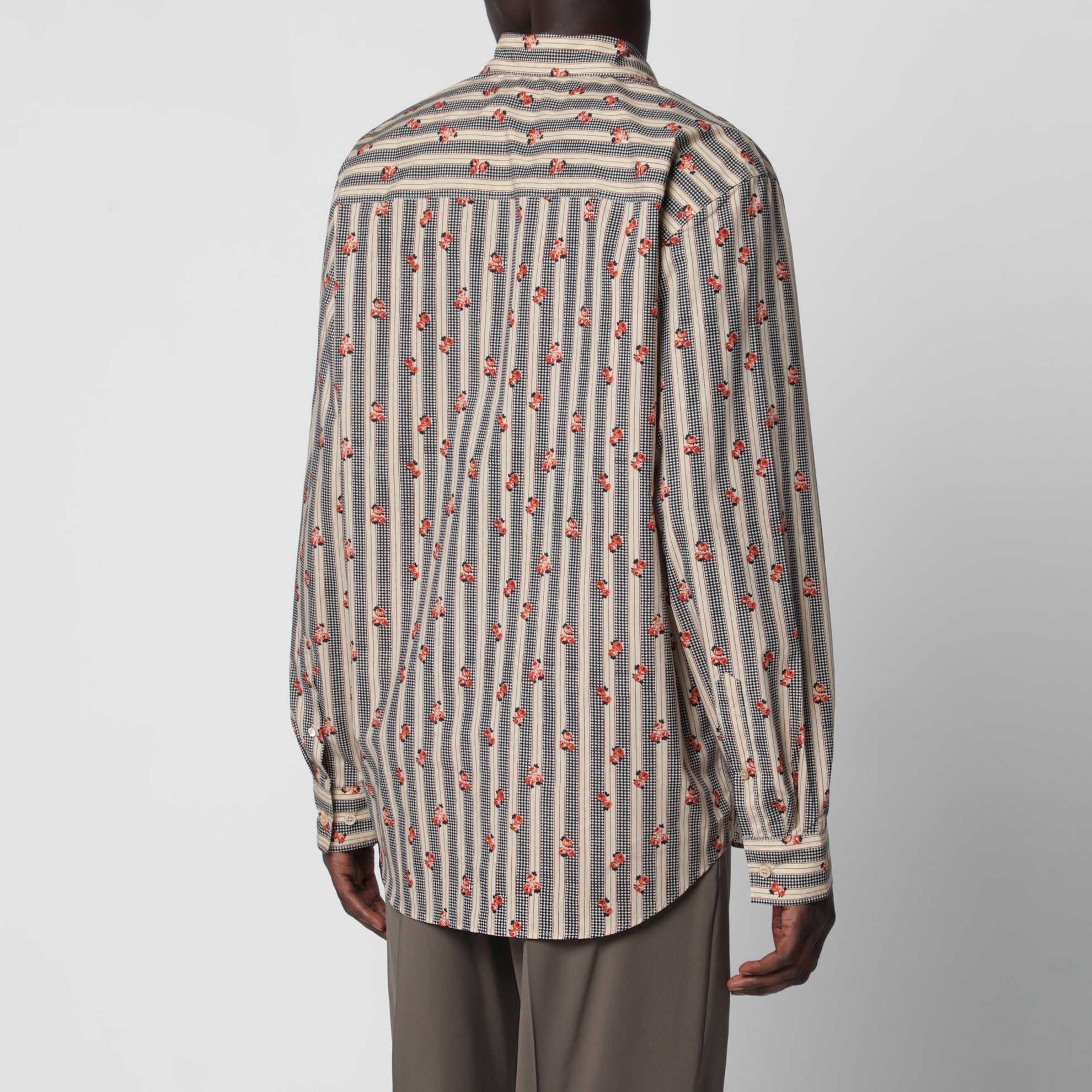 Beige gestreiftes Baumwollhemd mit Blumenprint