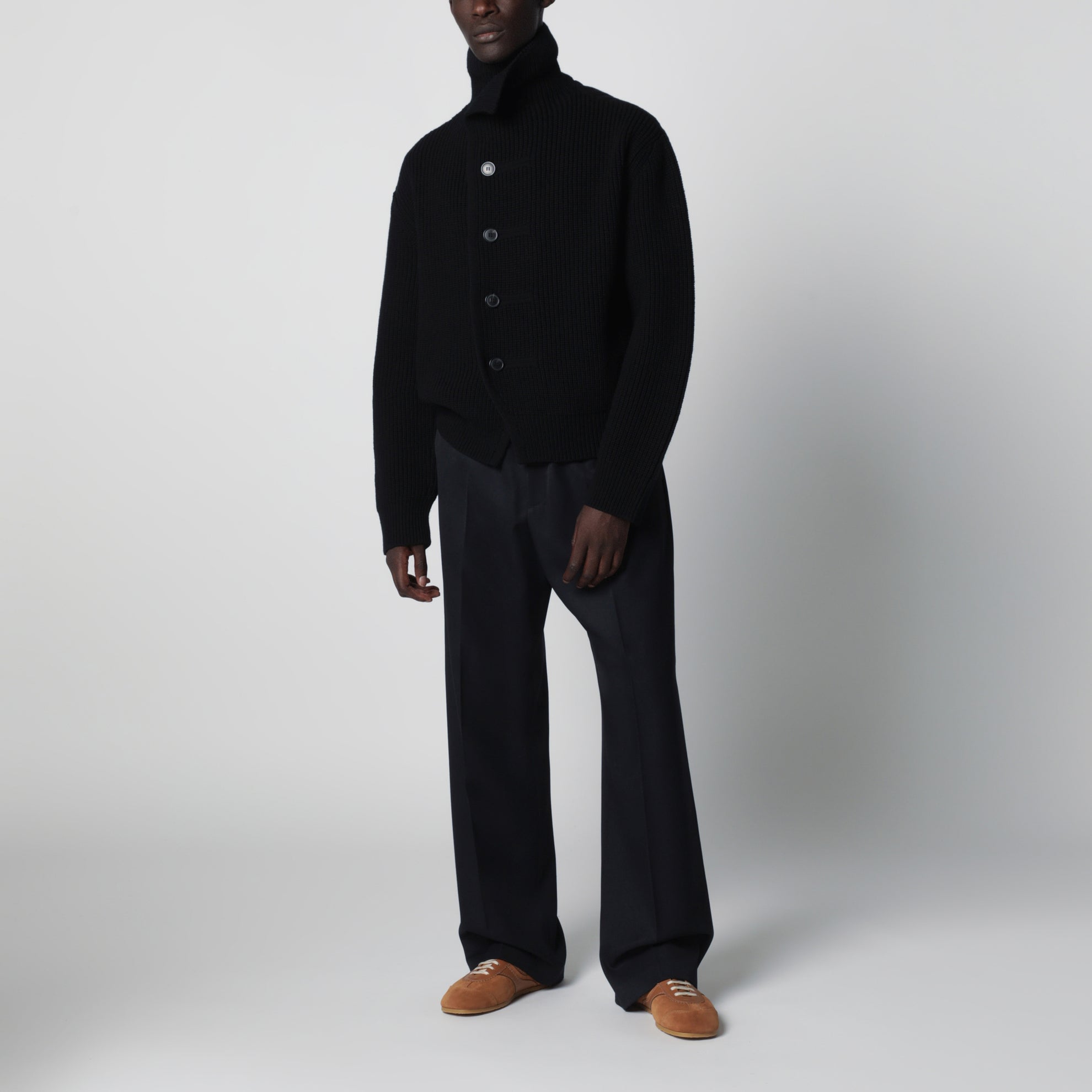 Cardigan nero in lana a trama waffle