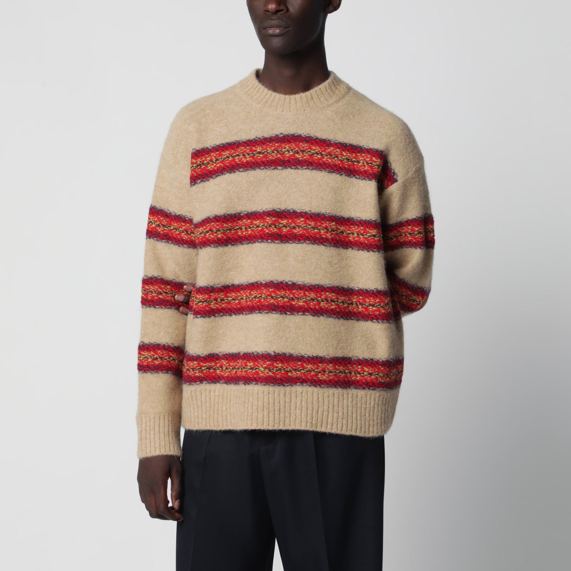 Beiger gestreifter Pullover aus Wollmischung