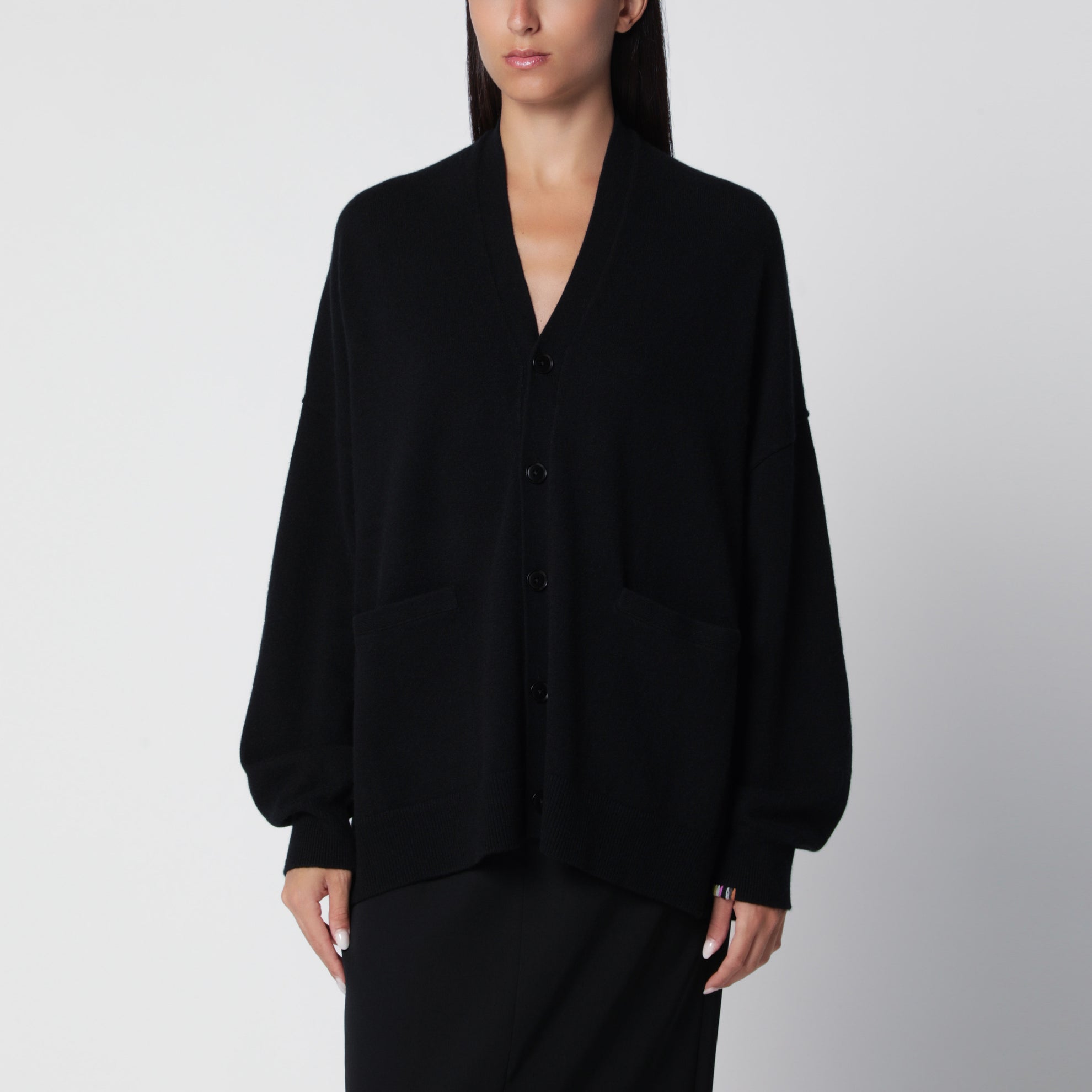 Asymmetrical black cashmere cardigan