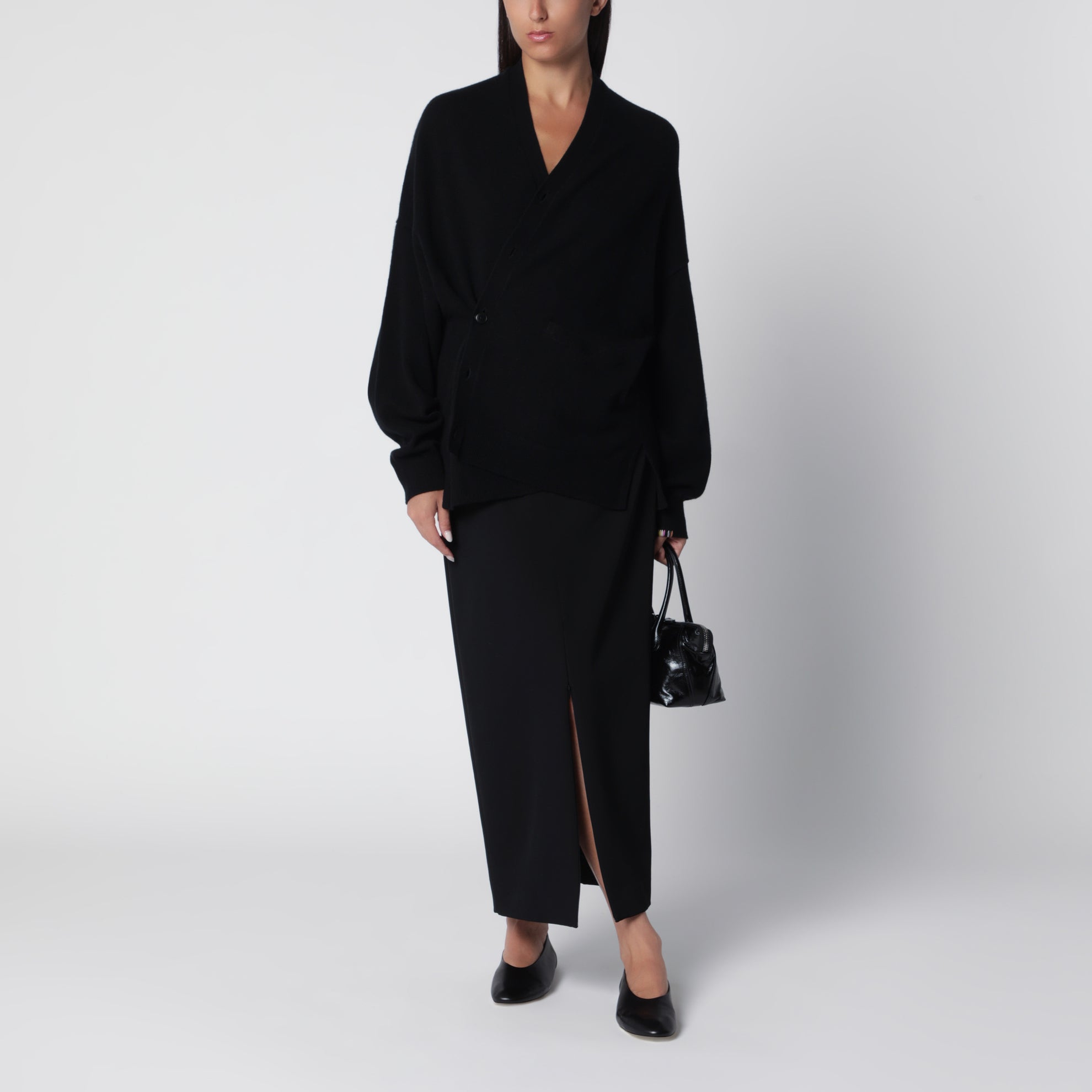 Asymmetrical black cashmere cardigan