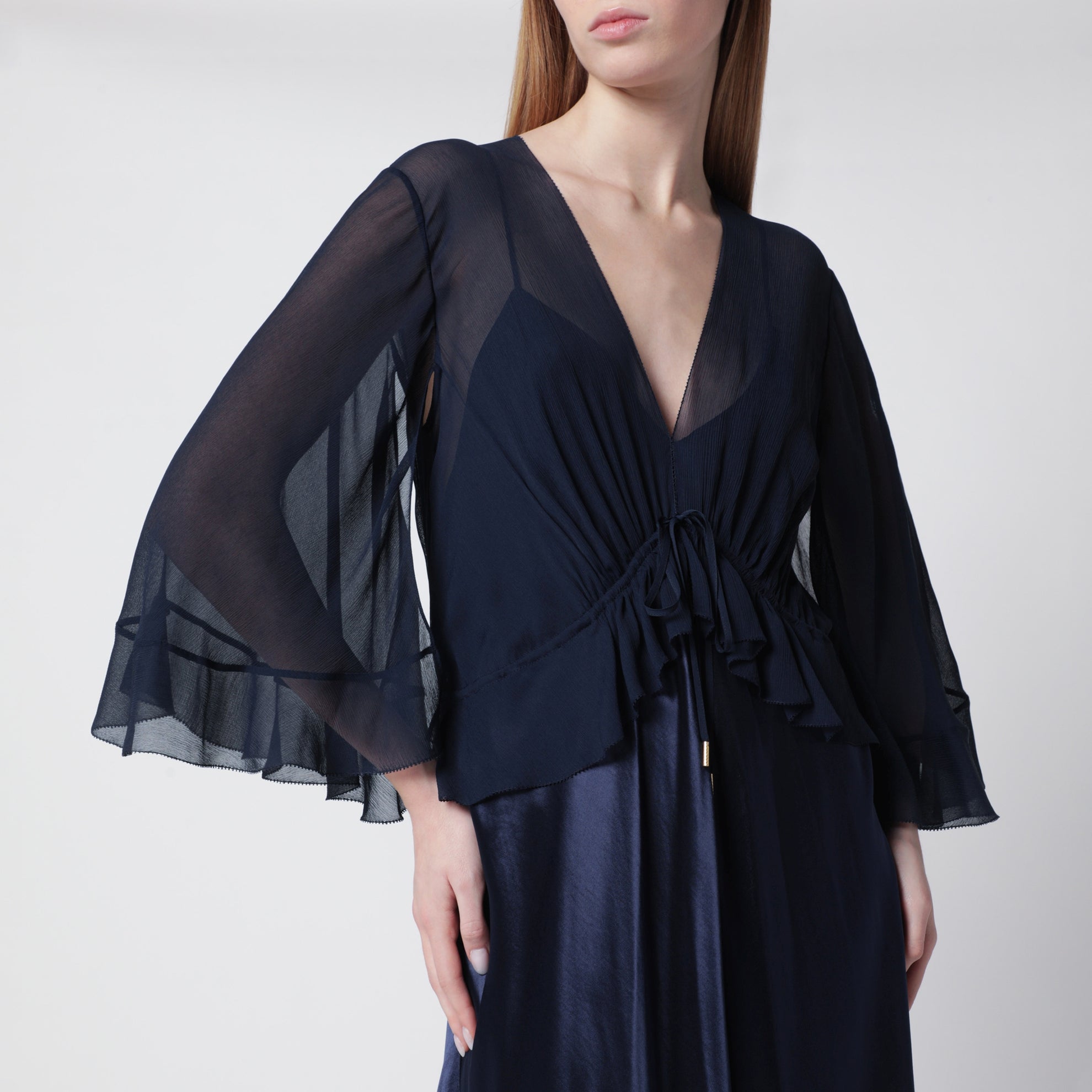 Long semi-transparent blue dress in viscose