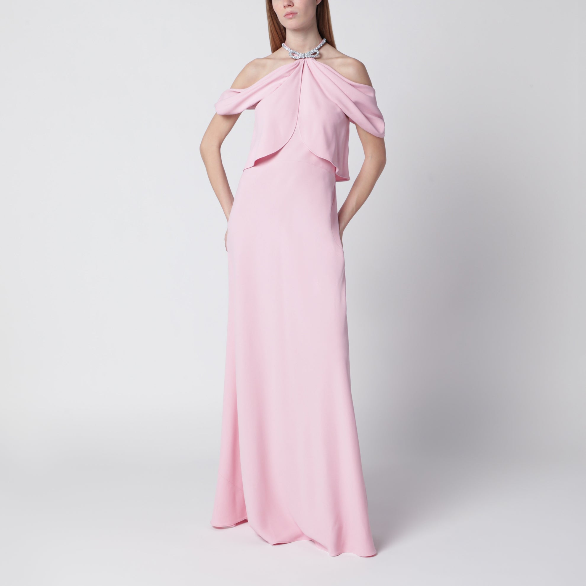 Long pink off-shoulder dress