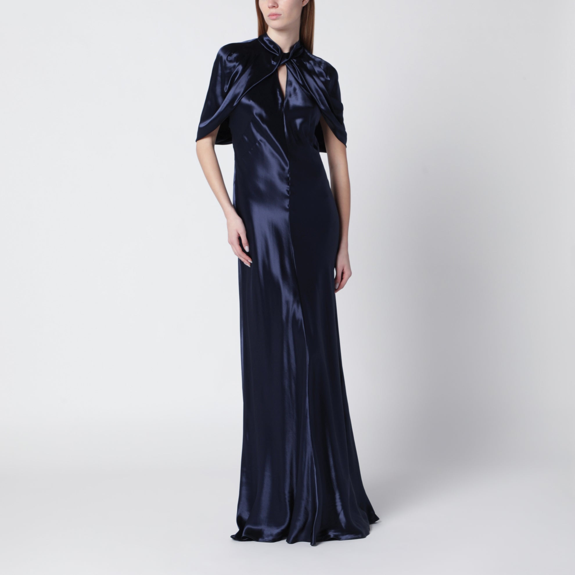 Long blue dress in shiny satin