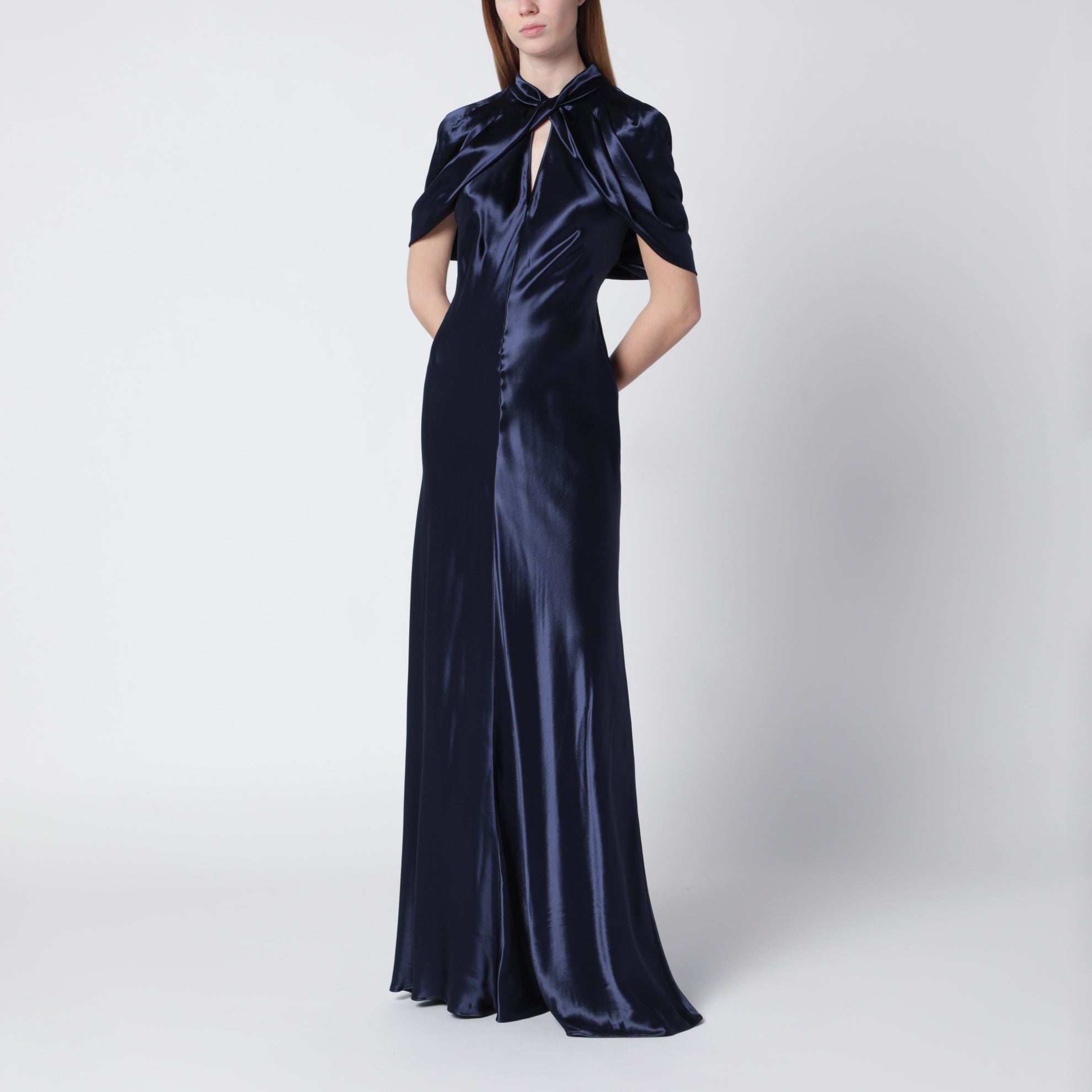 Long blue dress in shiny satin
