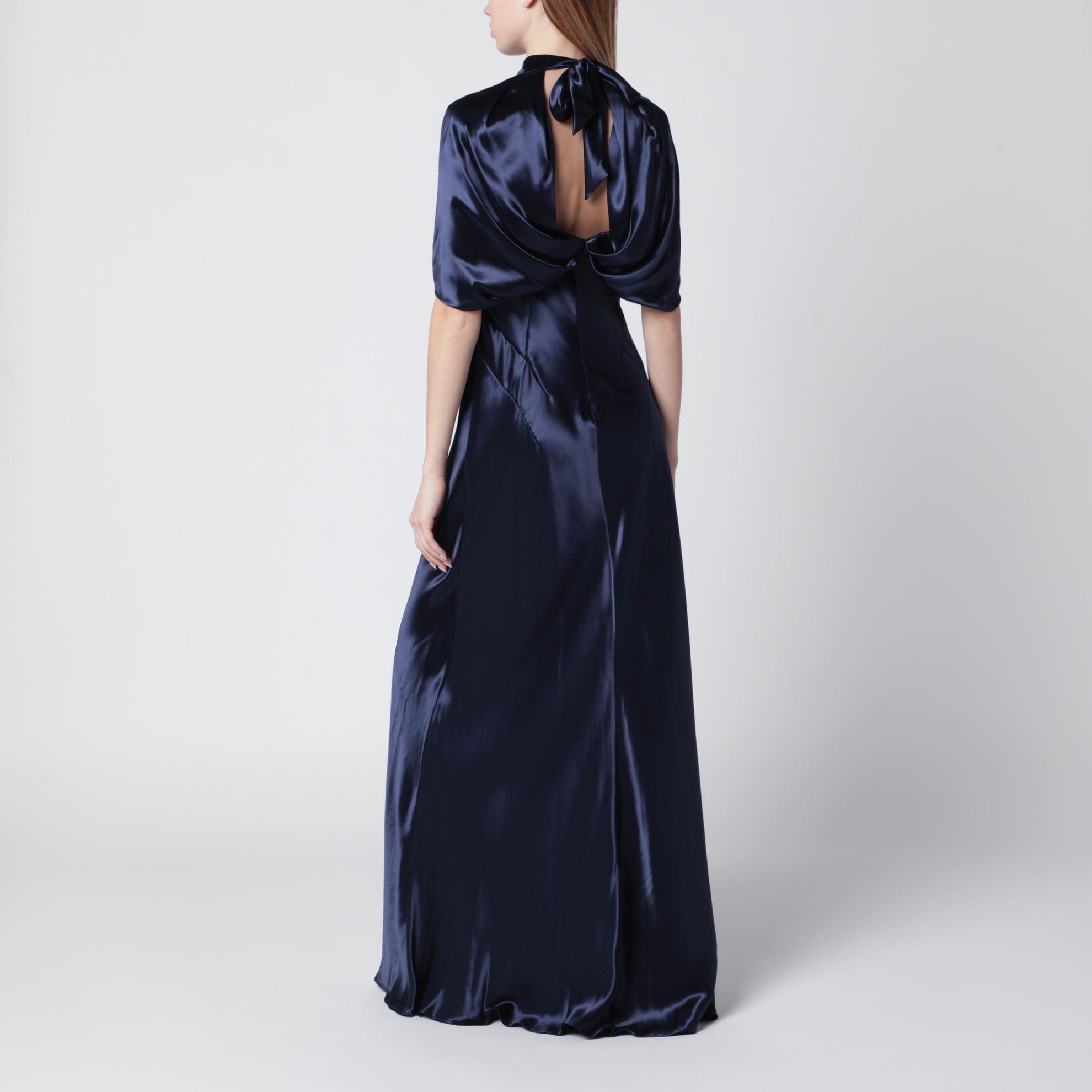 Long blue dress in shiny satin