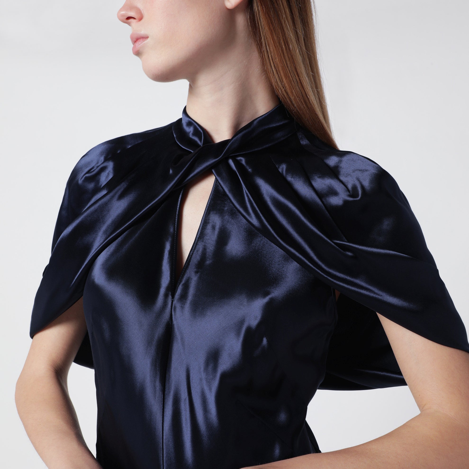 Long blue dress in shiny satin