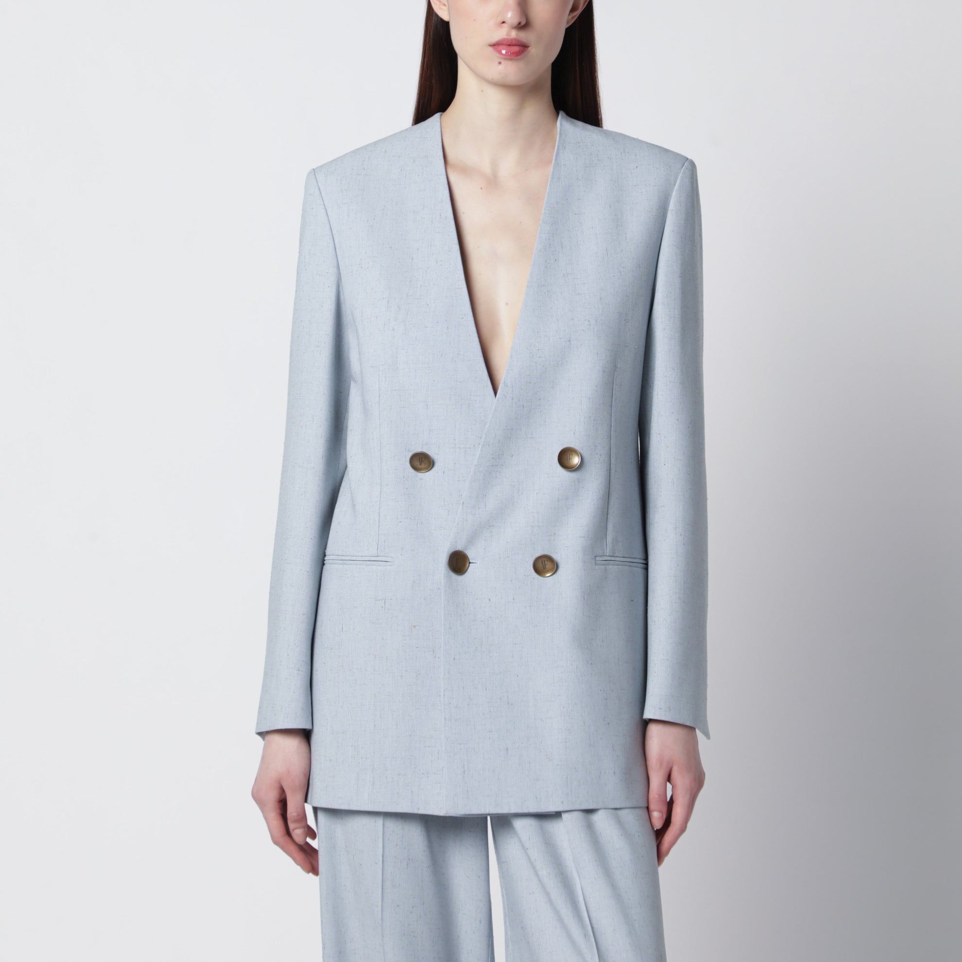 Light blue double-breasted tweed jacket