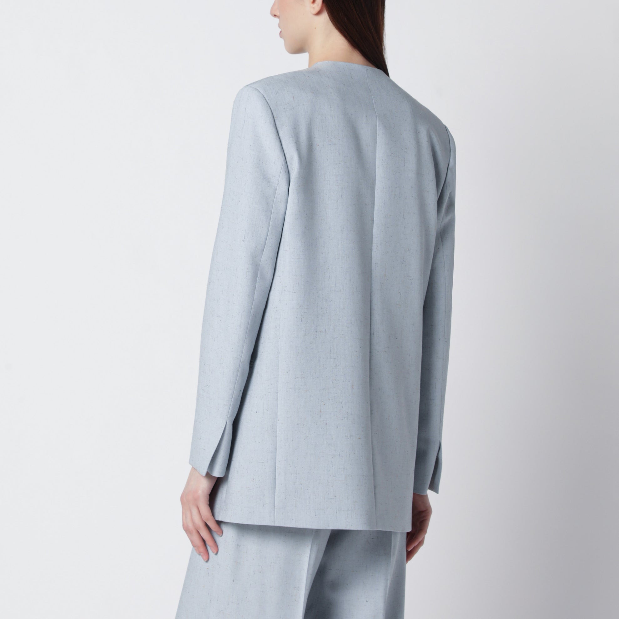 Light blue double-breasted tweed jacket