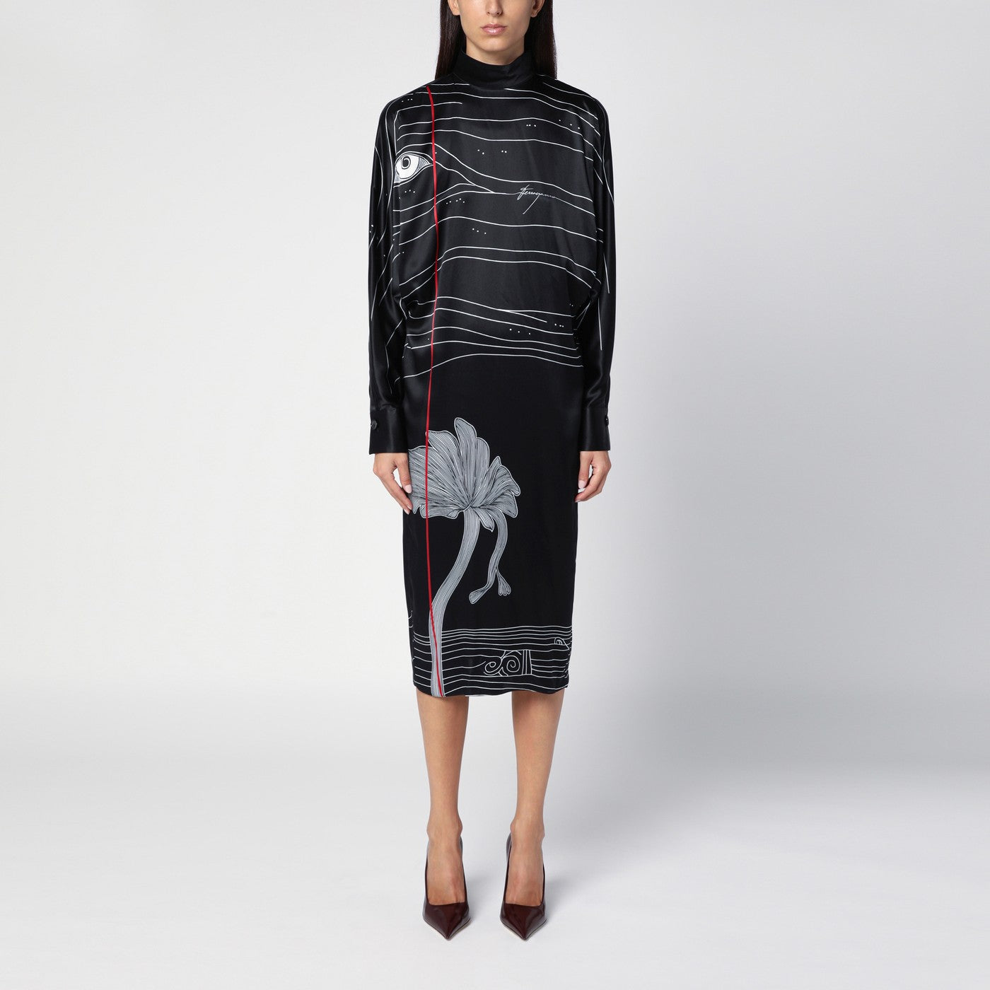 Robe midi noire en satin de soie