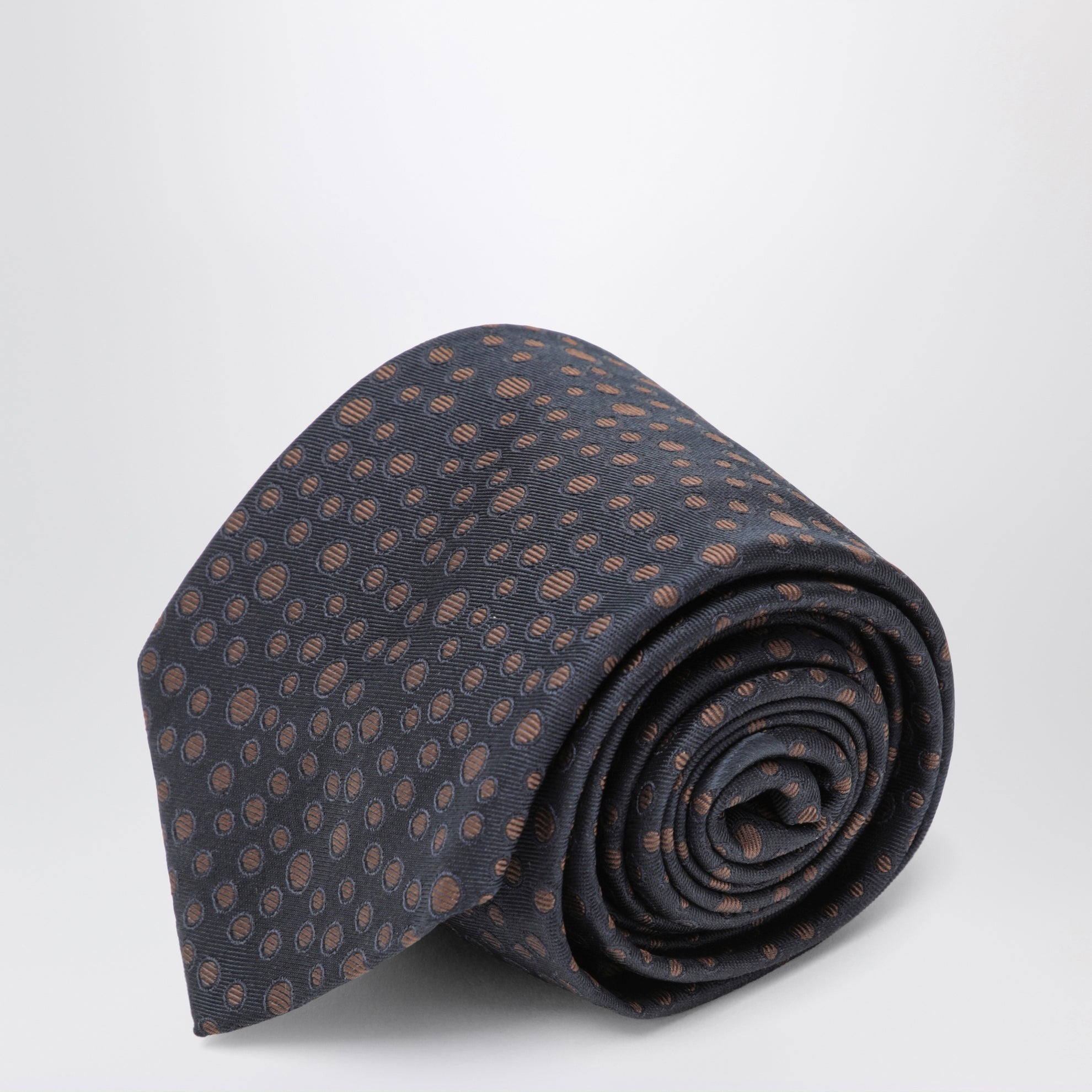 Cravatta in seta stampa Pois Marine/Marrone