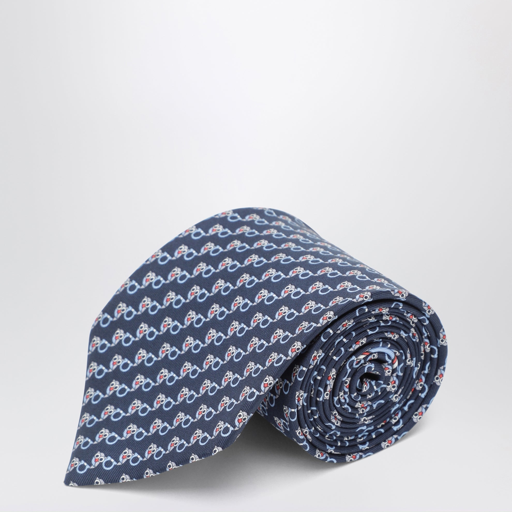 Navy silk tie with Gancini and owl print