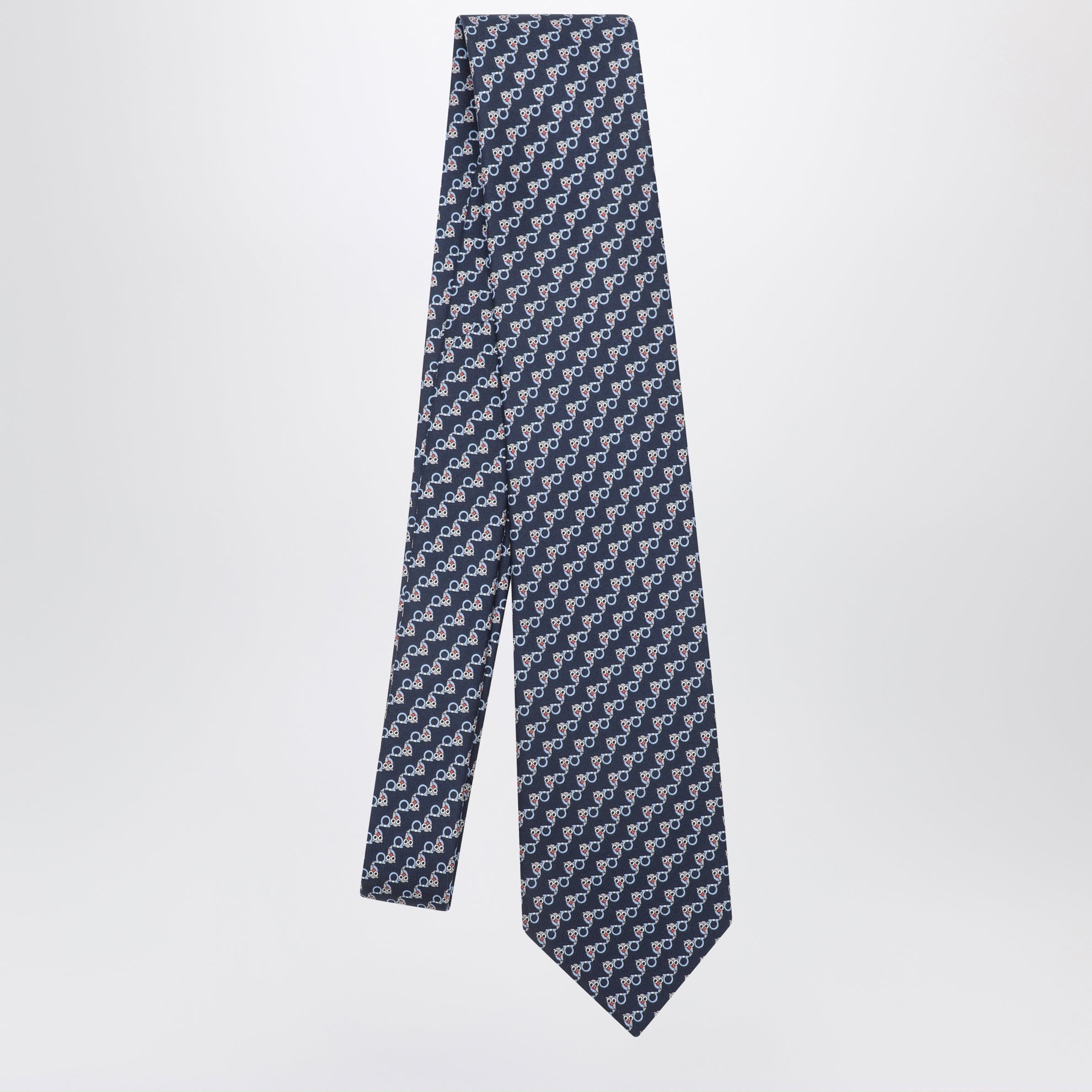 Navy silk tie with Gancini and owl print