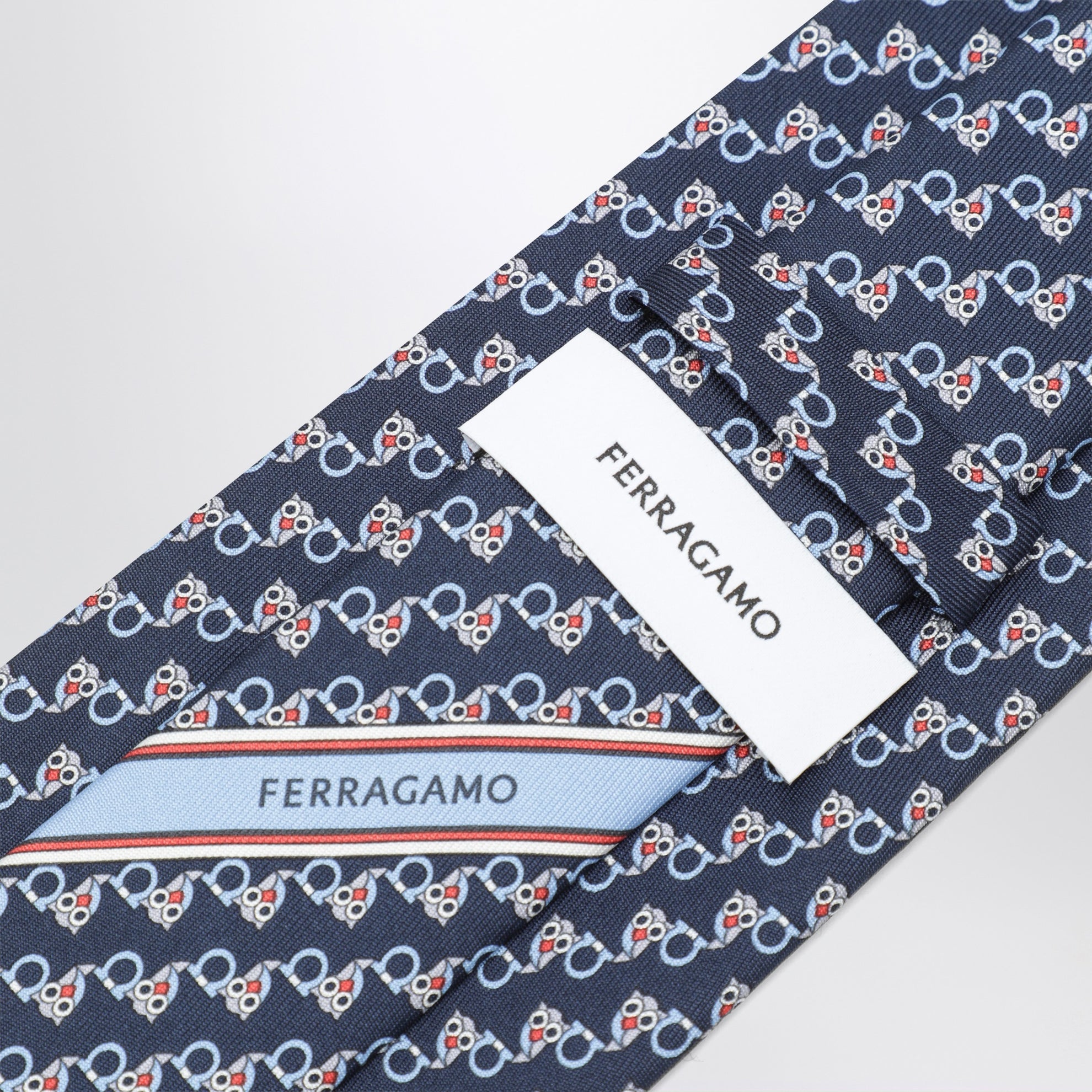 Navy silk tie with Gancini and owl print