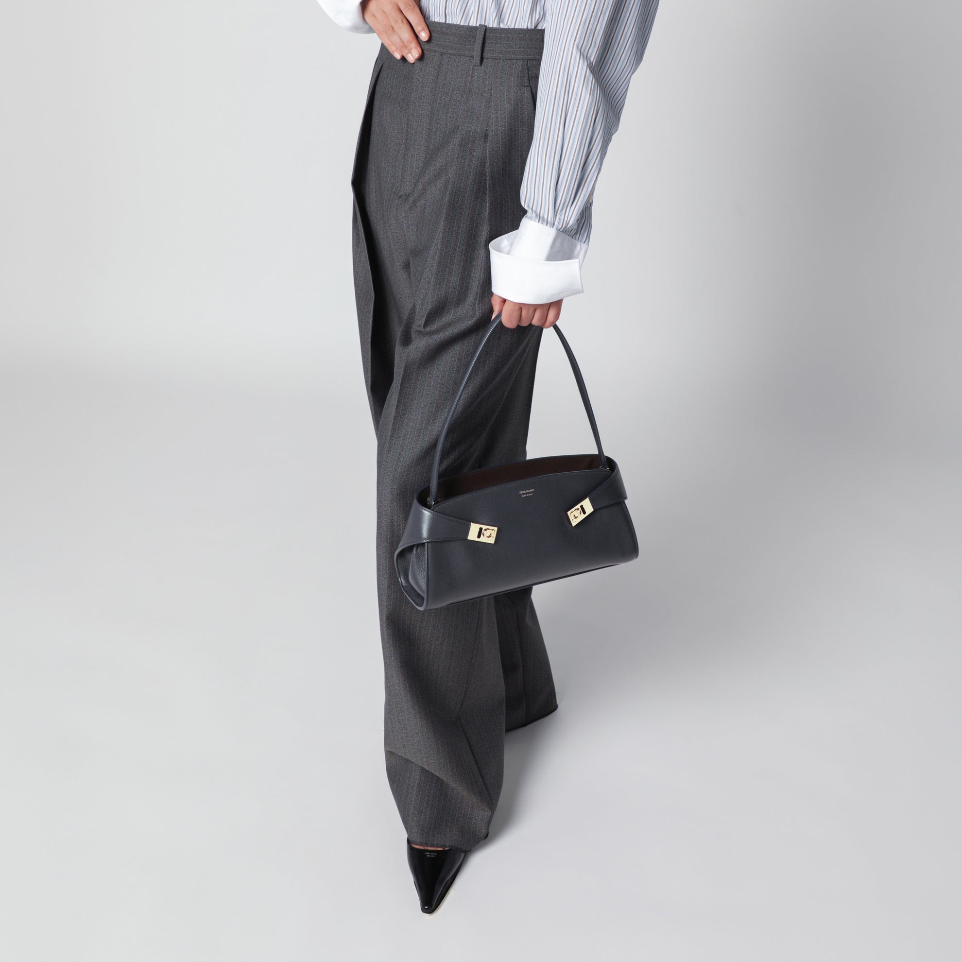 Hug East-West navy/dark brown calfskin shoulder bag
