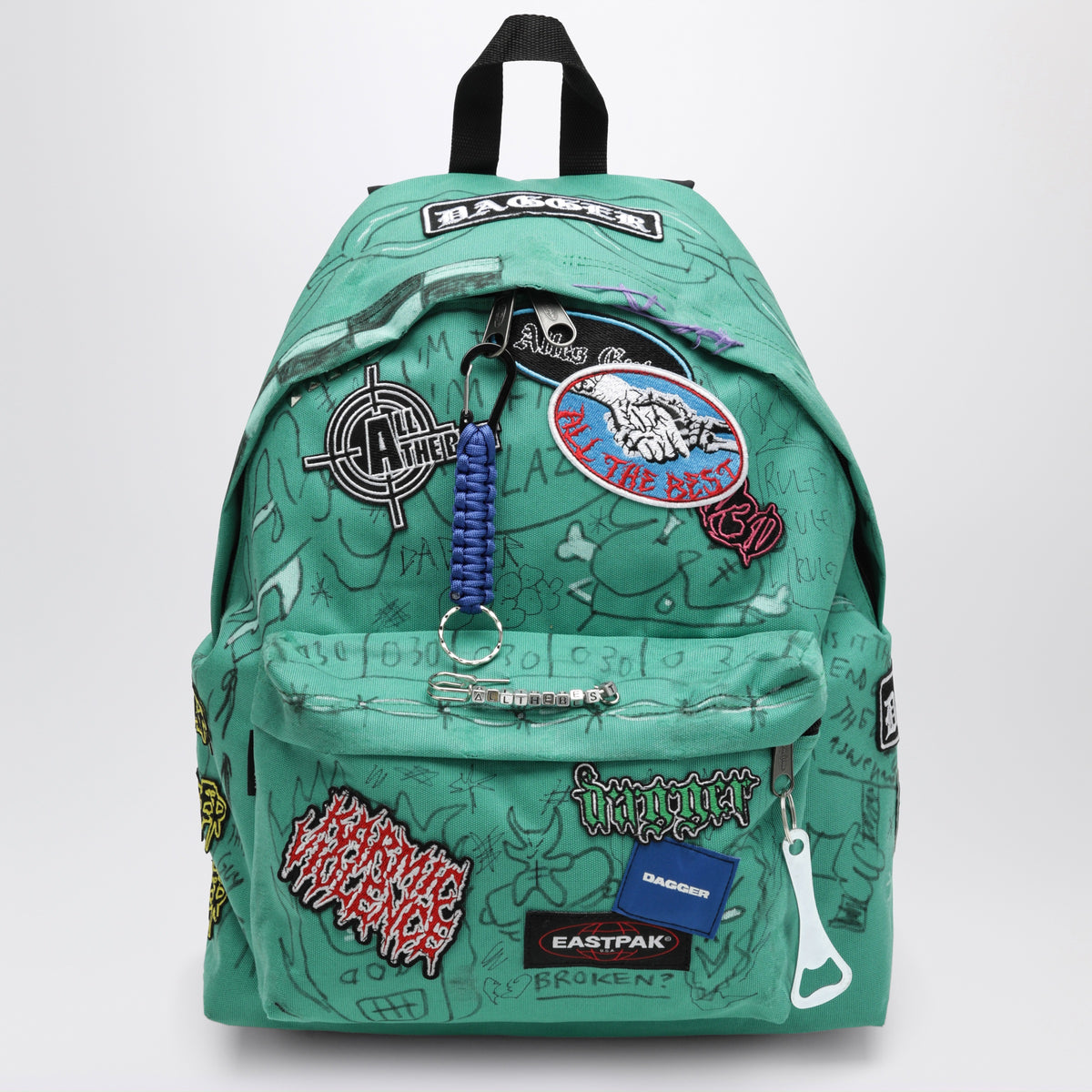 Aqua green Punk Bag backpack with graphics and charms