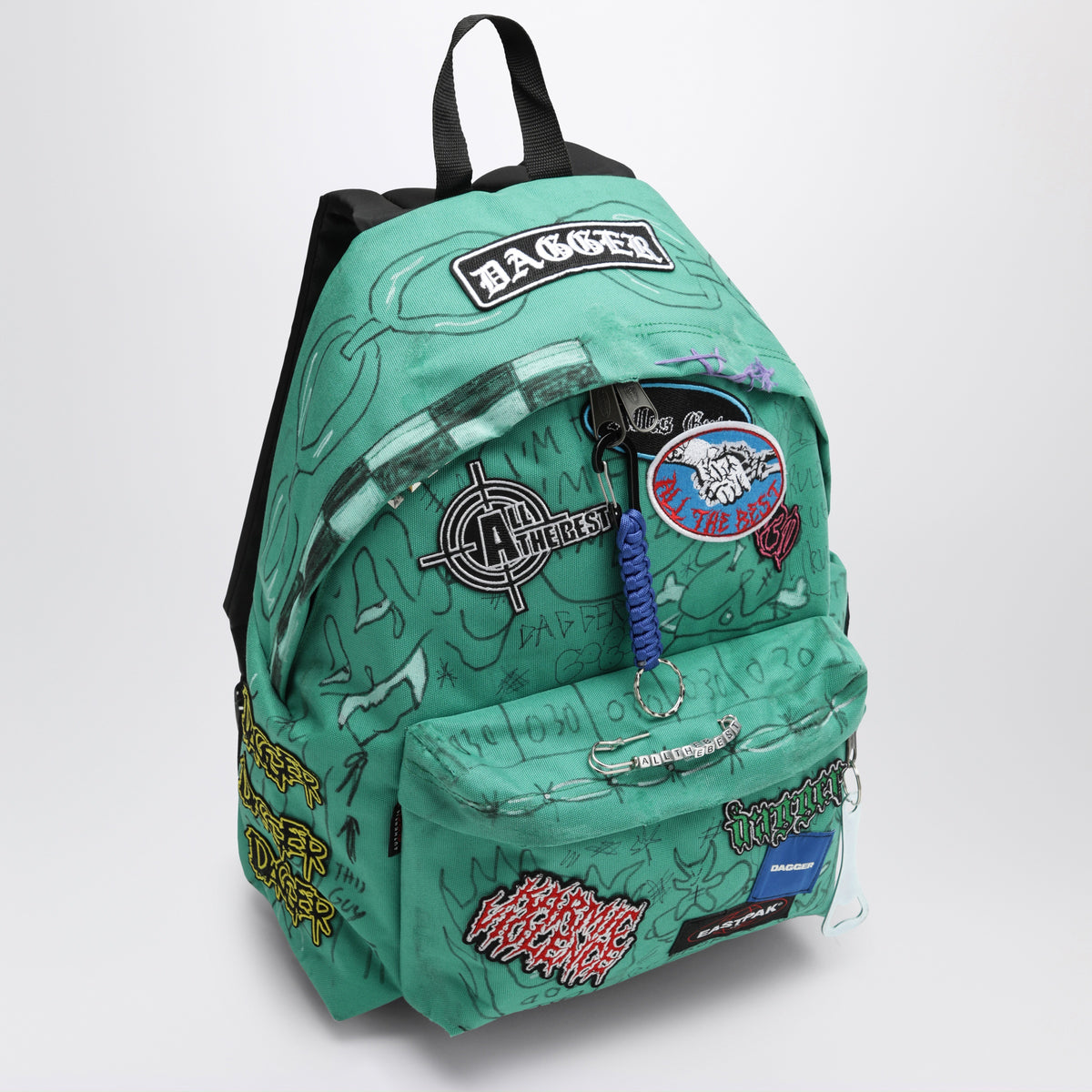 Aqua green Punk Bag backpack with graphics and charms