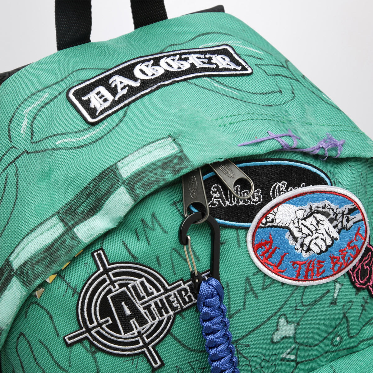 Aqua green Punk Bag backpack with graphics and charms