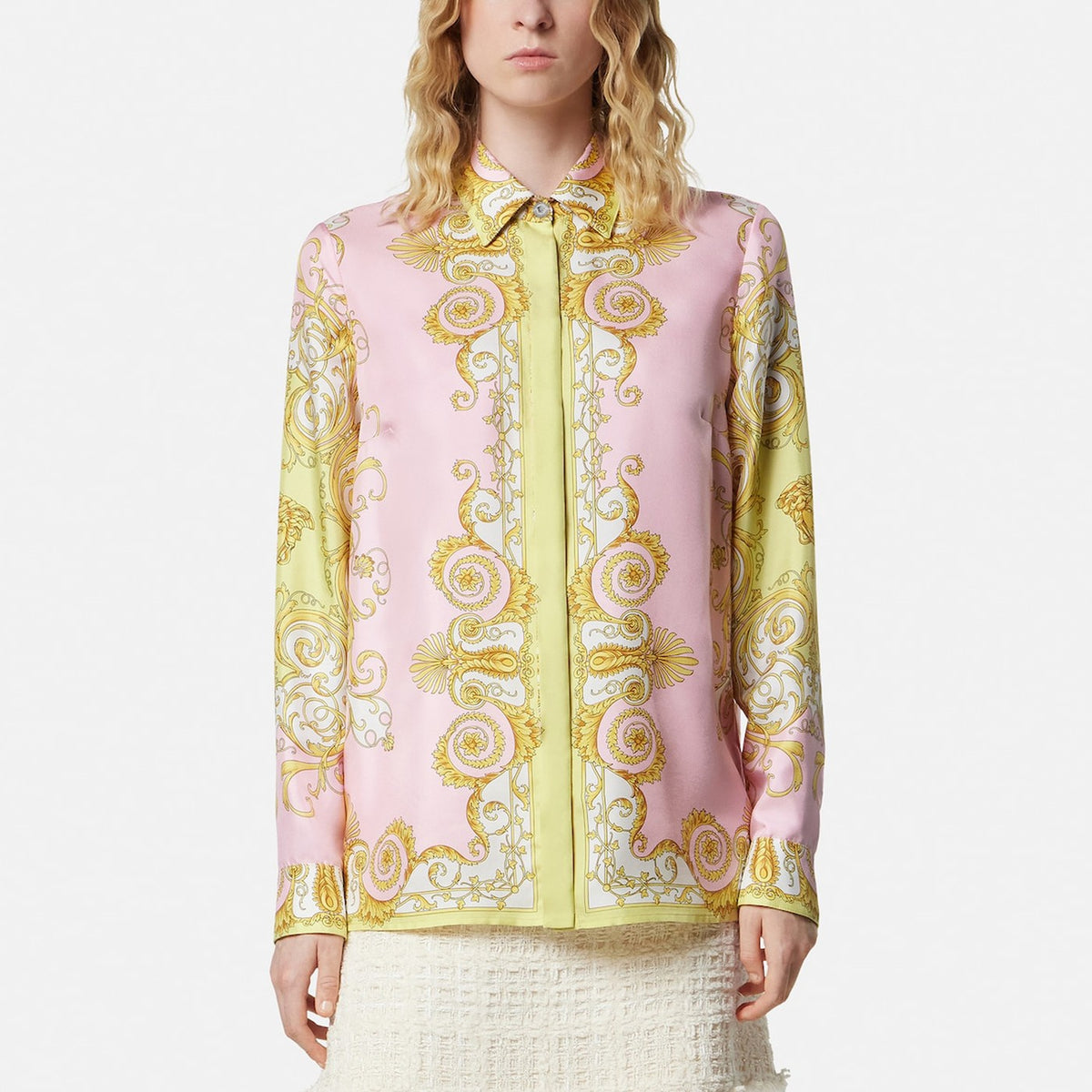 Camicia twill di seta stampata gialla rosa
