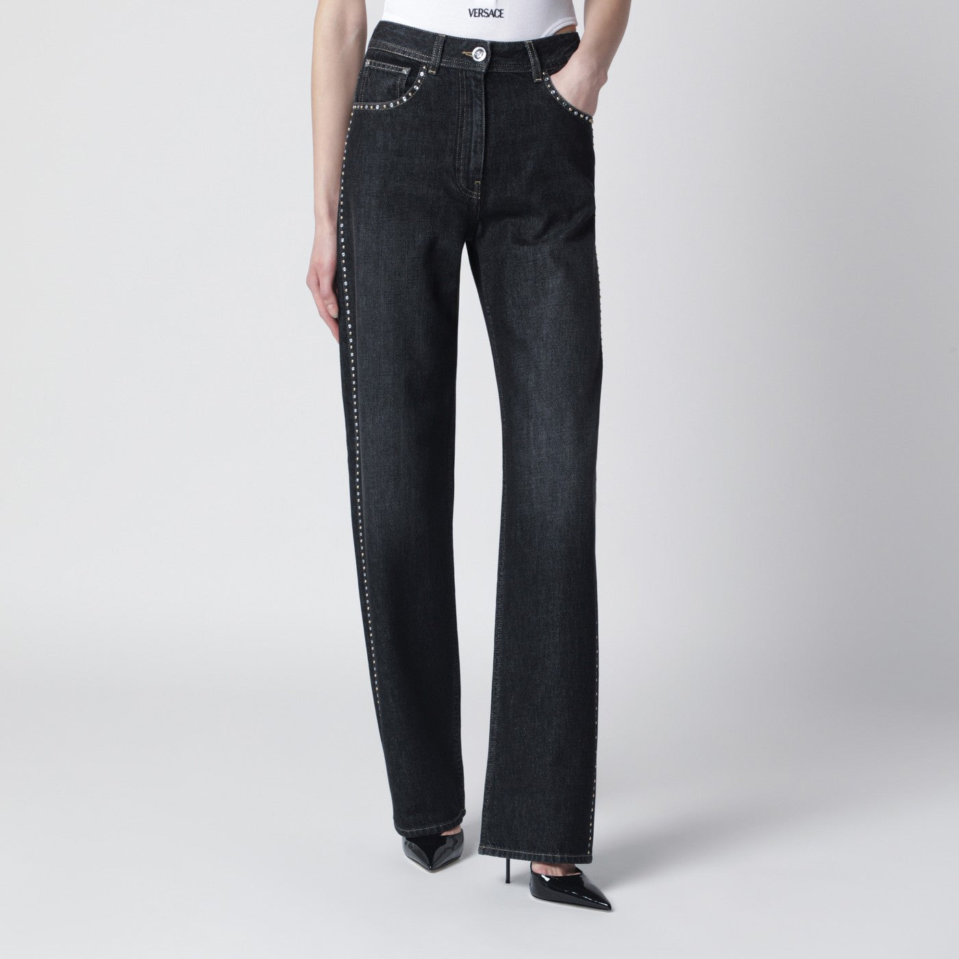 Black jeans with studs and crystals