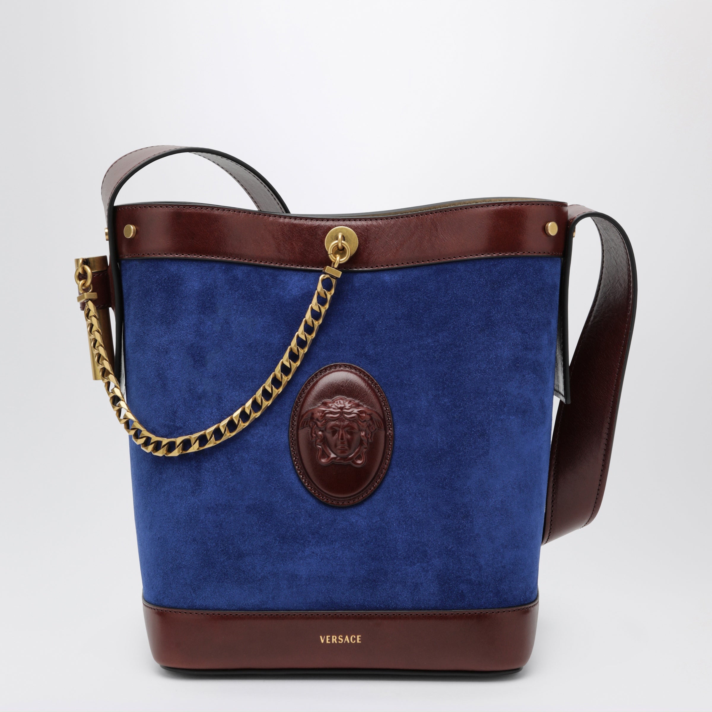 Versace Small Pivot bucket bag in suede and leather blue | TheDoubleF
