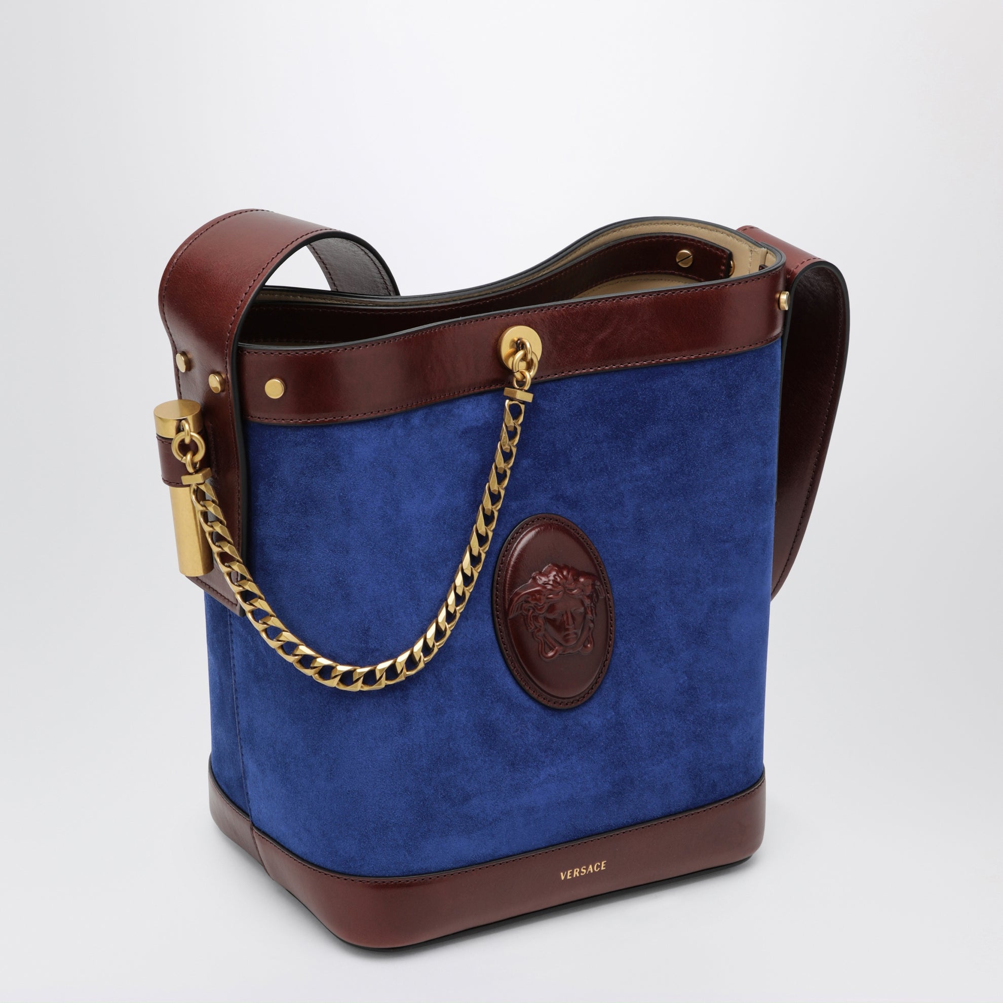 Kleine Bucket-Bag Pivot aus Veloursleder in Blau