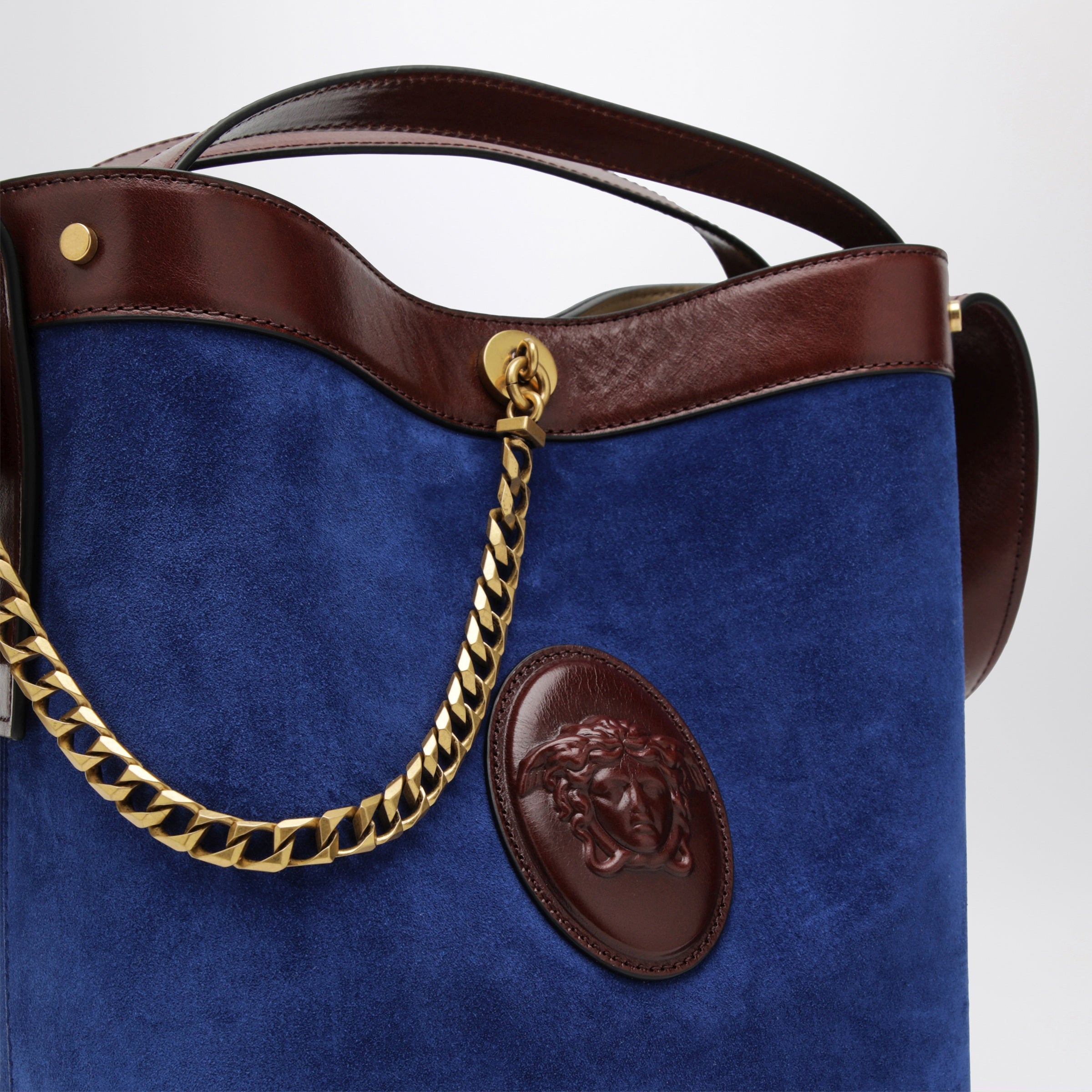 Versace Small Pivot bucket bag in suede and leather blue | TheDoubleF
