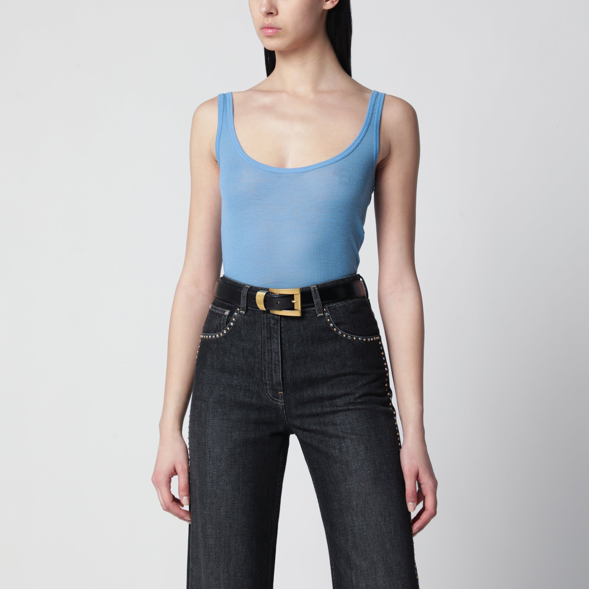 Blaues Woll-Tanktop mit Logo-Stickerei