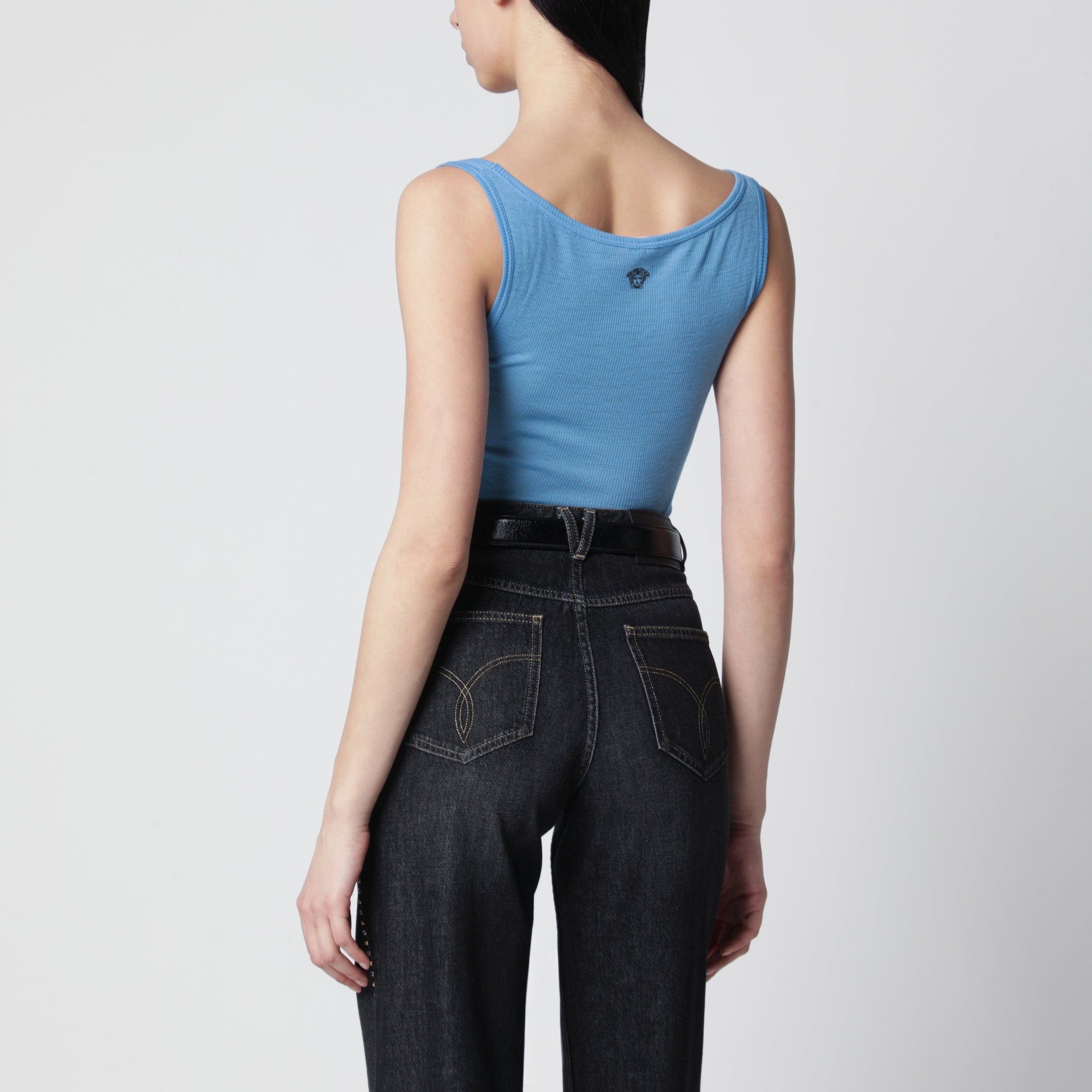 Blaues Woll-Tanktop mit Logo-Stickerei