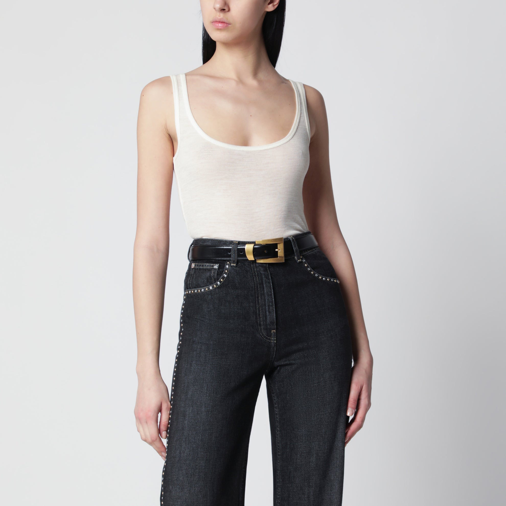 Cremefarbenes Woll-Tanktop mit Logo-Stickerei