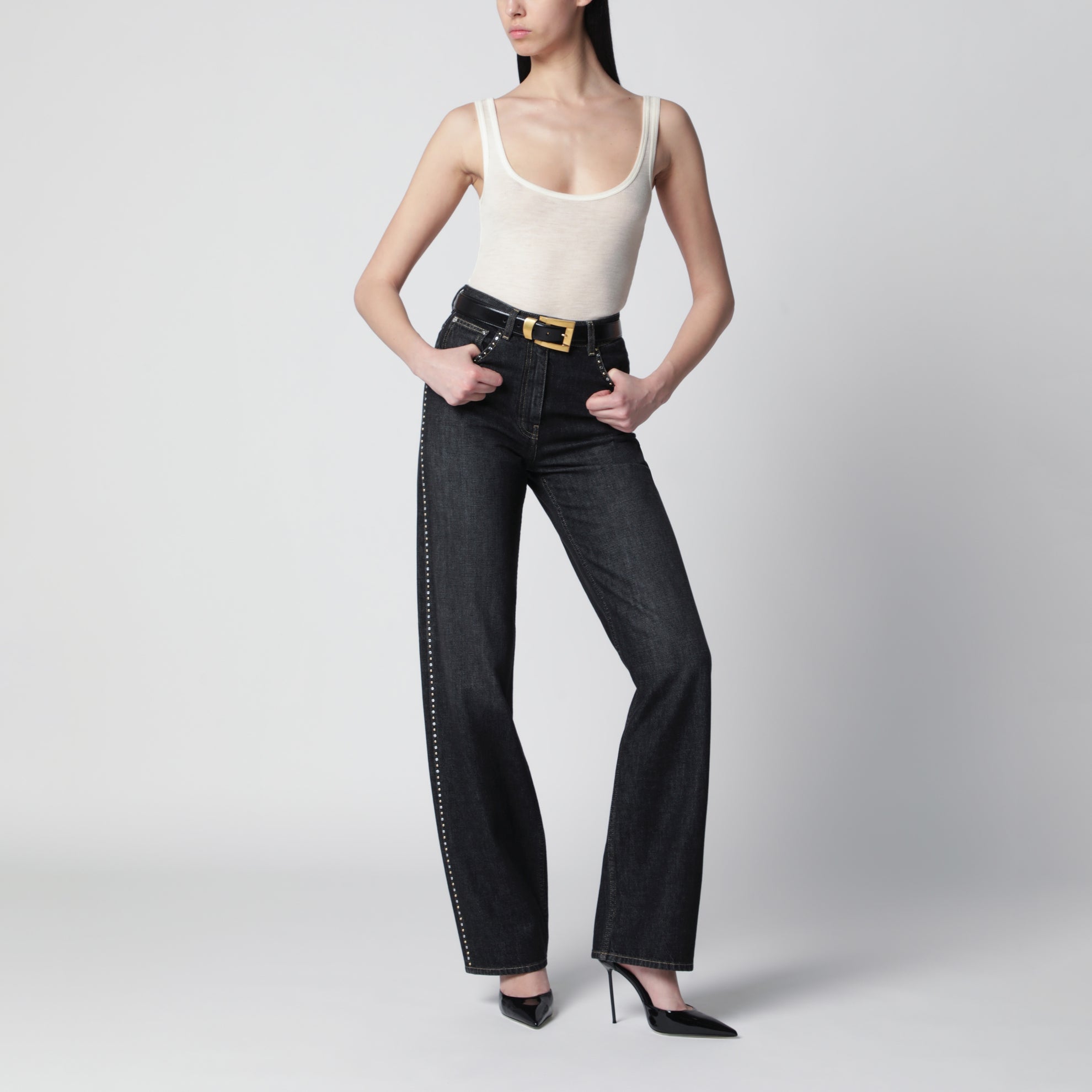 Cremefarbenes Woll-Tanktop mit Logo-Stickerei